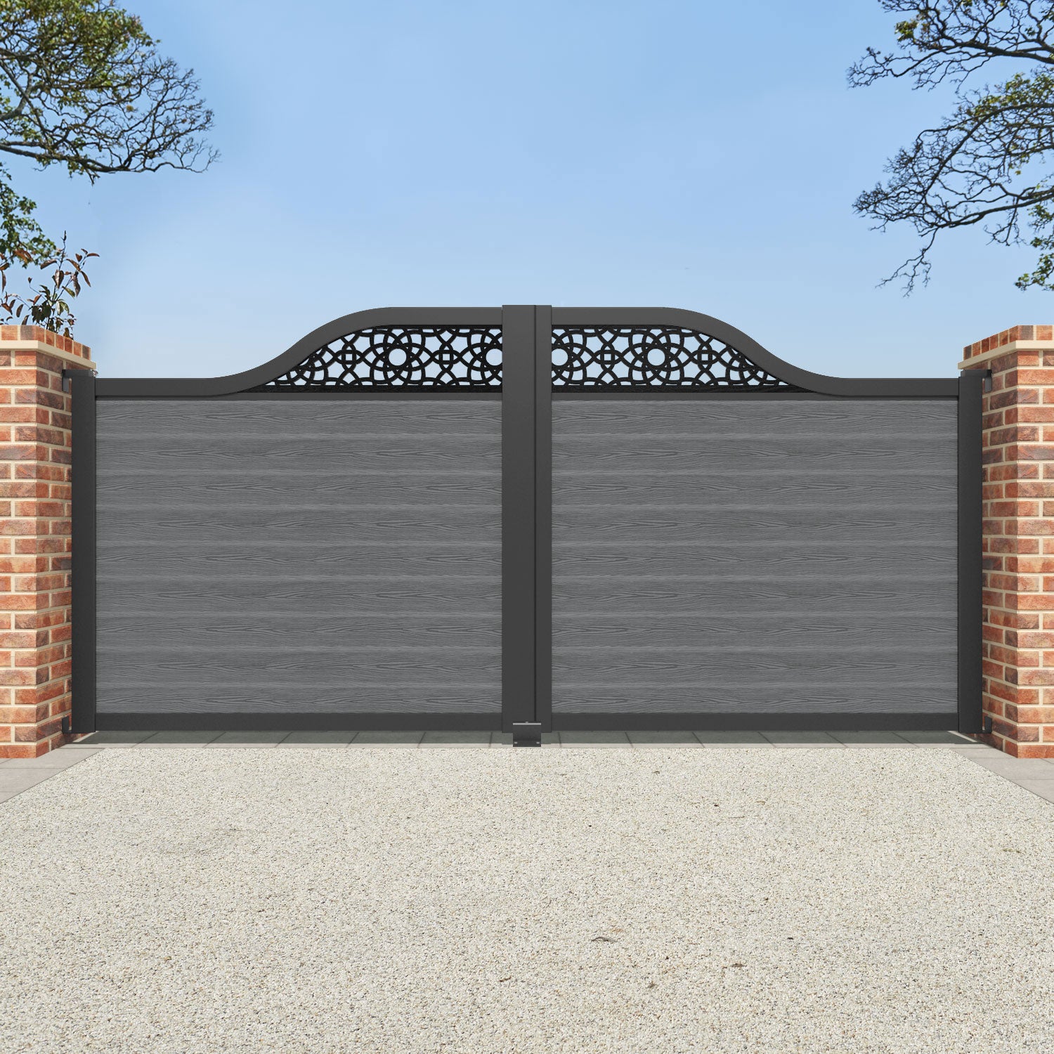 Classic Amber Curved Top Driveway Gate - Mid Grey with Top Screen | Elegant & Durable Driveway Entrance Solution for Homes & Gardens