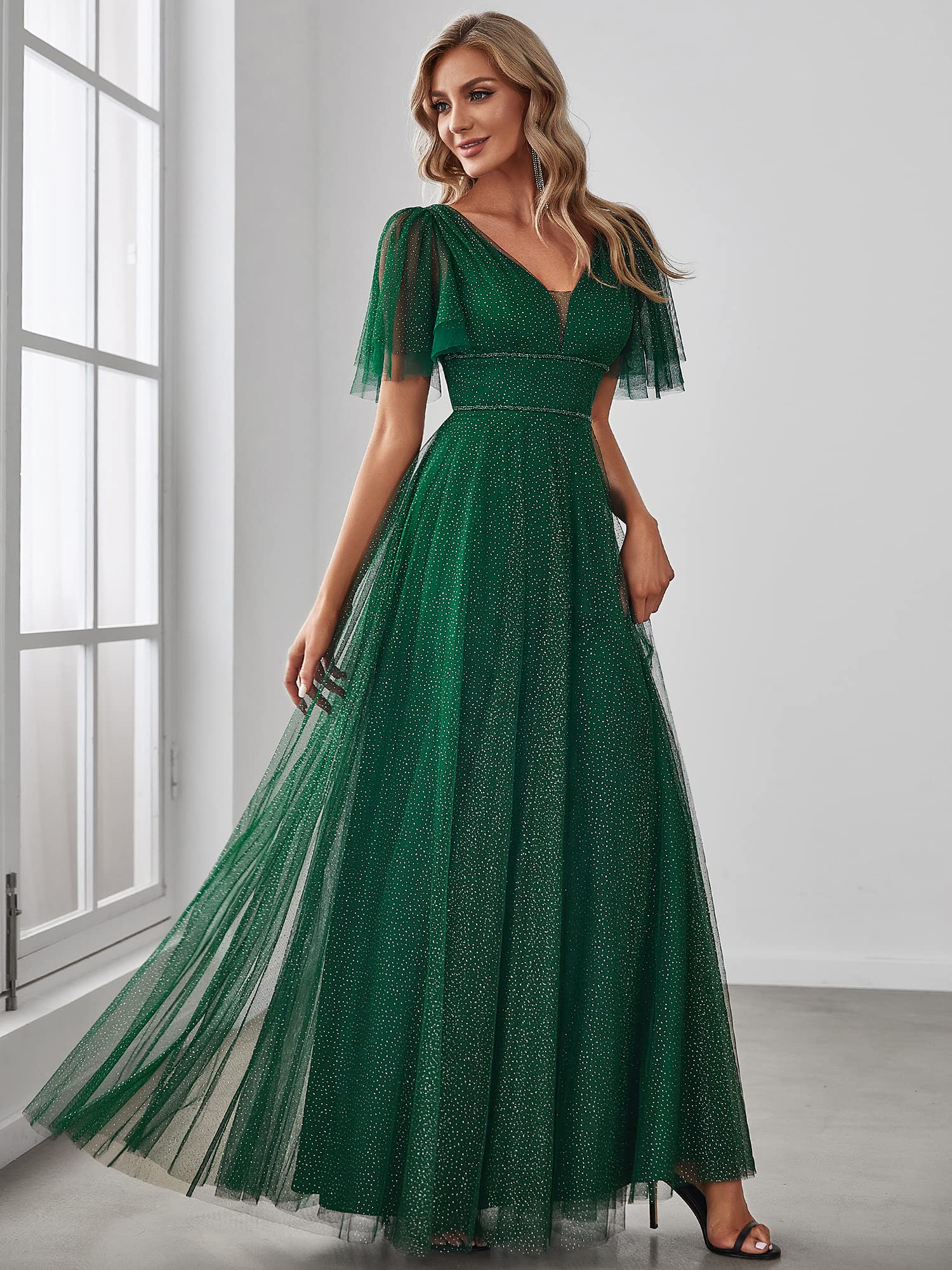 Ever-Pretty Women's Illusion Short Sleeve Tulle Bridesmaid Dress for Wedding 0278 | Elegant Summer Formal Gown for Bridal Party, Prom & Special Occasions