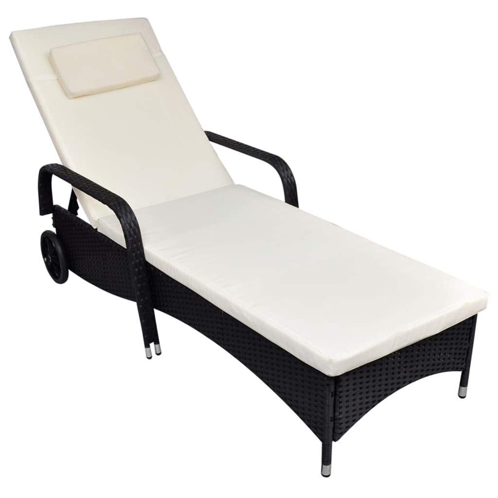 Premium FAMIROSA Sun Lounger with Cushion & Wheels - Durable Poly Rattan Outdoor Chaise Lounge in Black - Perfect for Poolside, Patio, Beach & Garden Relaxation