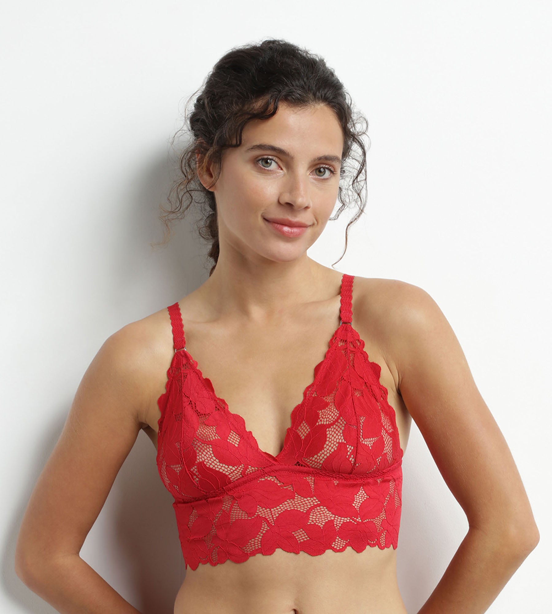 Red Floral Lace Wireless Scarf Bralette - Comfortable & Stylish for Everyday Wear, Lounge, and Sleep