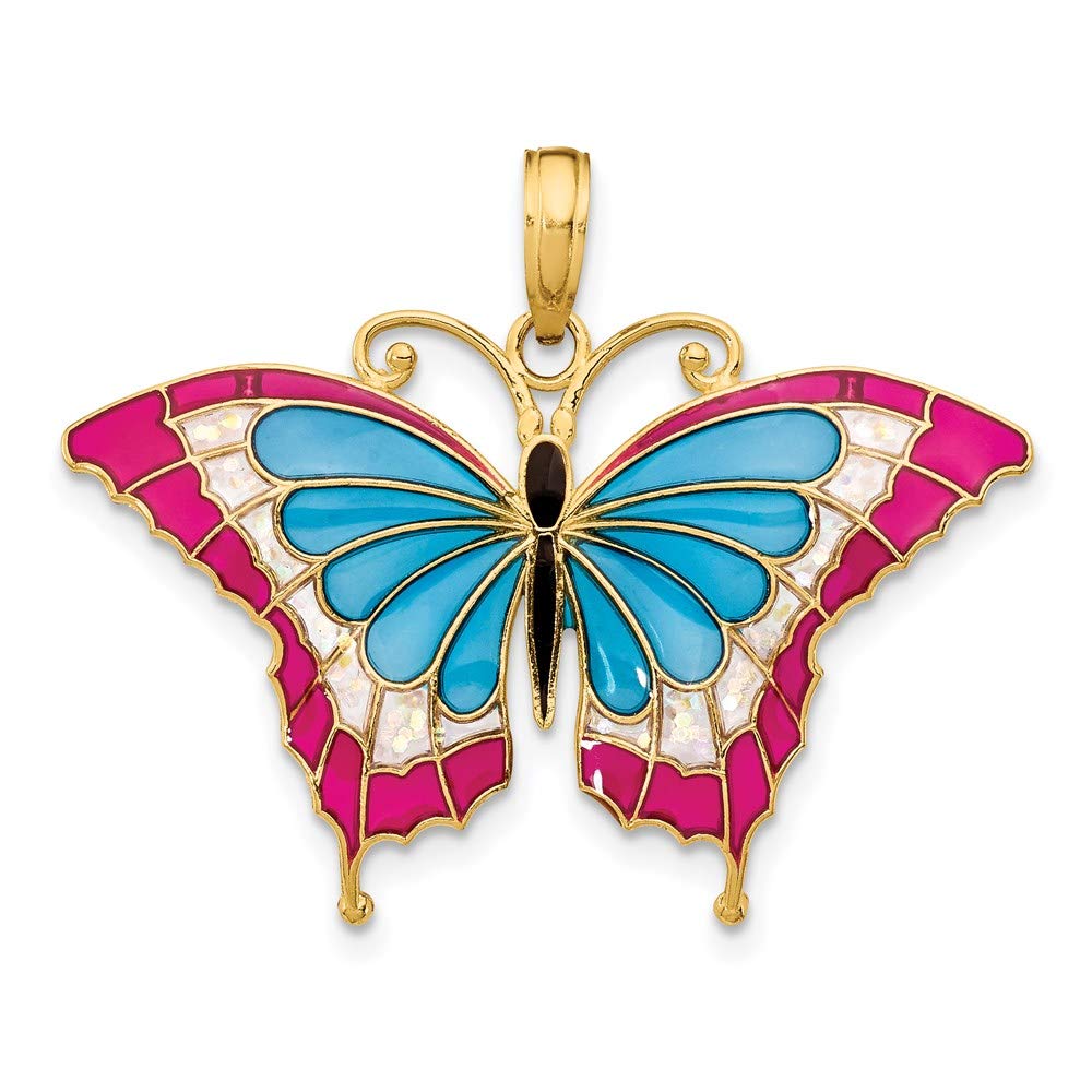 14K Yellow Gold Blue & Pink Enamel Butterfly Pendant Necklace - Elegant Jewelry Gift for Women, Perfect for Valentine's Day, Anniversary & Special Occasions