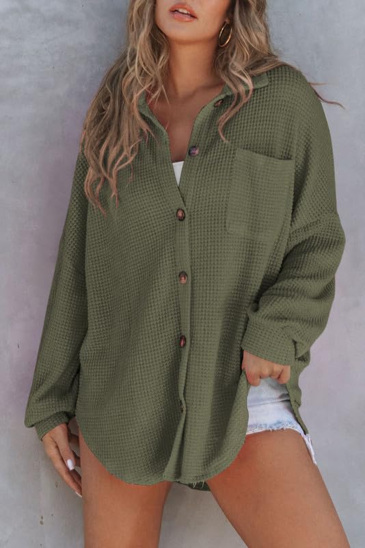 SHEWIN Women's Waffle Knit Button Down Shirt - Casual Long Sleeve Shacket Jacket, Boyfriend Style Loose Fit Blouse for Fall & Winter | Perfect for Office, Dating, and Outdoor Activities
