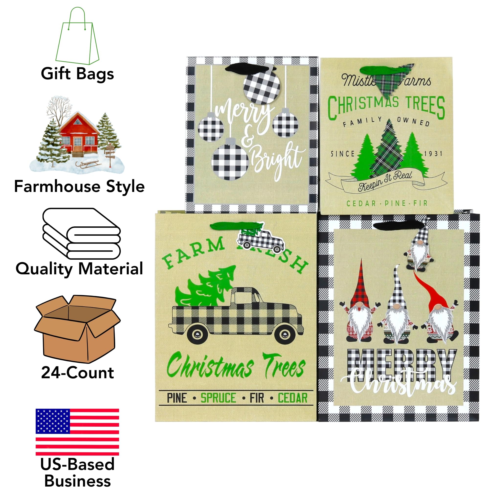 Iconikal Christmas Gift Bags - 24 Pack Buffalo Plaid Holiday Party Favor Bags for Xmas Presents, Stocking Stuffers & Festive Decorations
