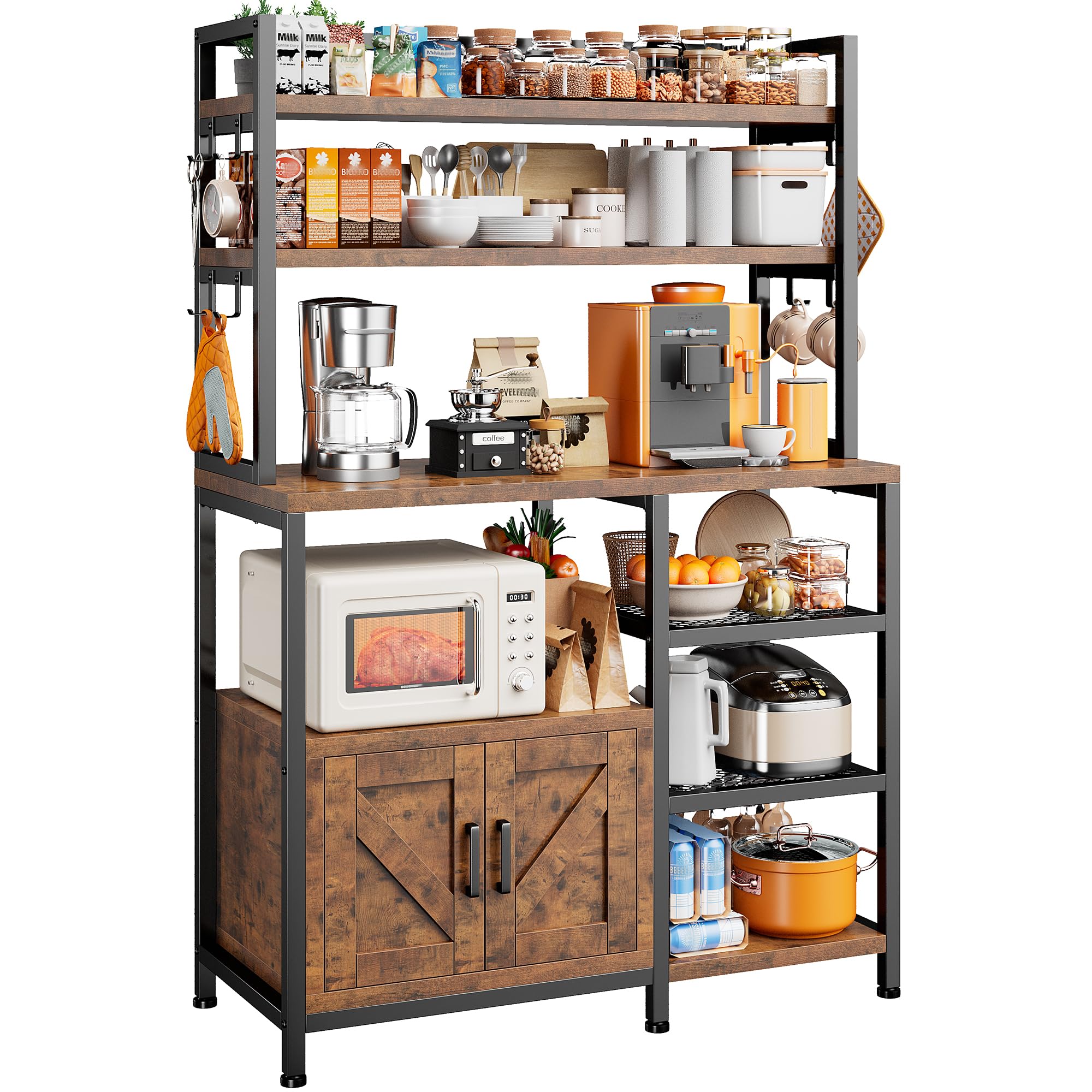 EnHomee Bakers Rack with Storage Cabinet - 6 Tier Kitchen Organizer with 8 Side Hooks, Large Capacity Microwave Stand for Coffee Bar & Kitchen Storage - Perfect for Small Spaces, Apartments & Home Organization