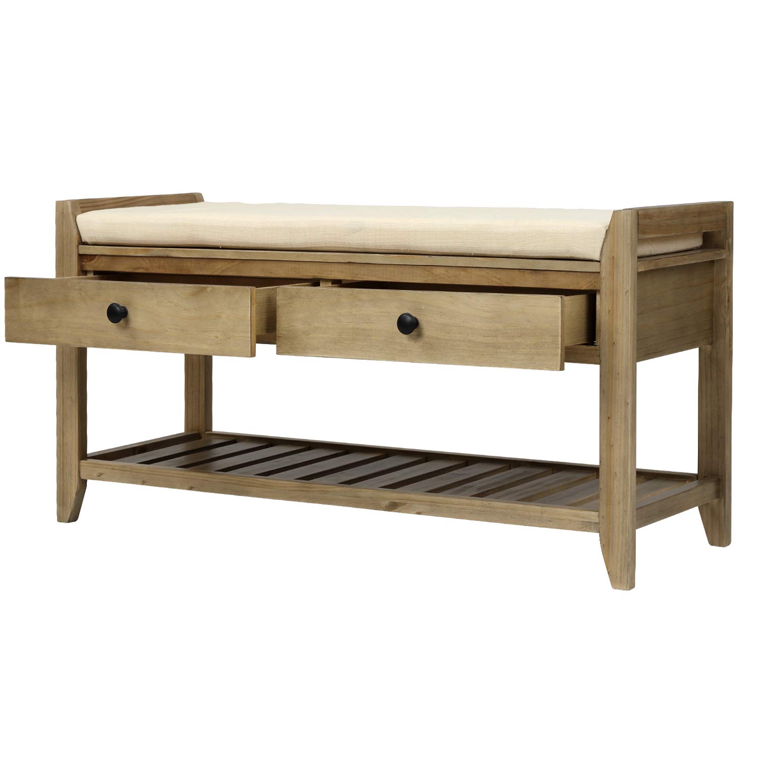 Gray Wash Shoe Bench with Cushion & Drawers - Entryway Storage for Hallway & Living Room