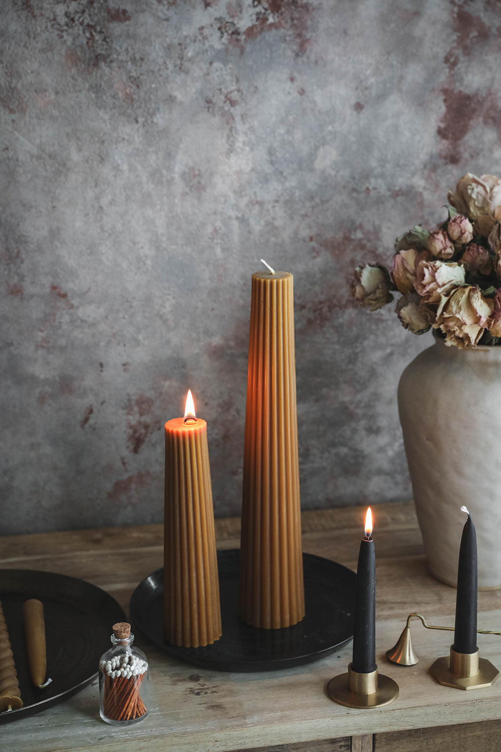 Handmade Beeswax Fluted Pillar Candles - Natural Unscented 10