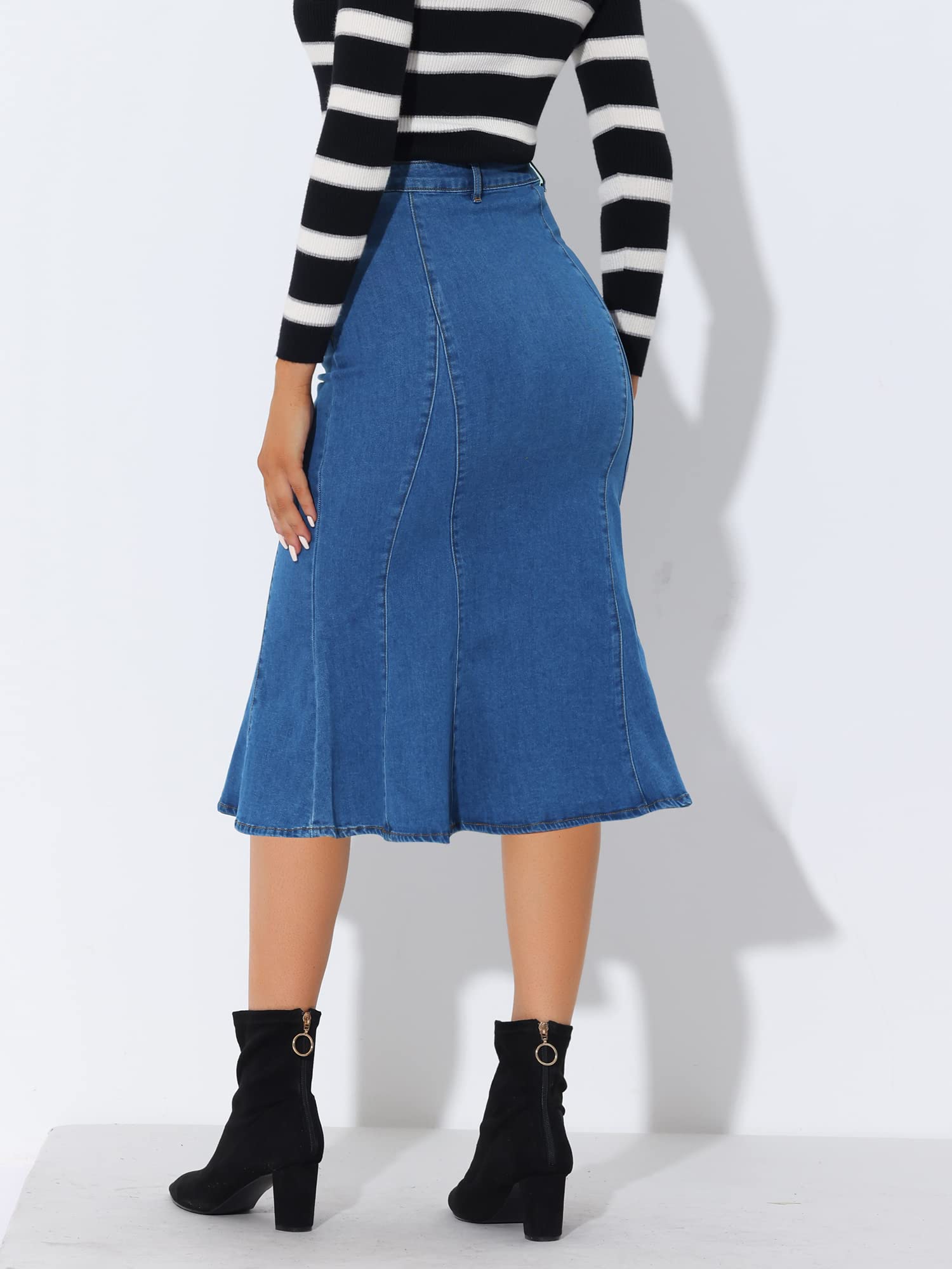 Allegra K Women's High Waist Fishtail Denim Midi Skirt - Bodycon Stretch Jean Skirt for Casual Wear, Date Night & Office Outfits