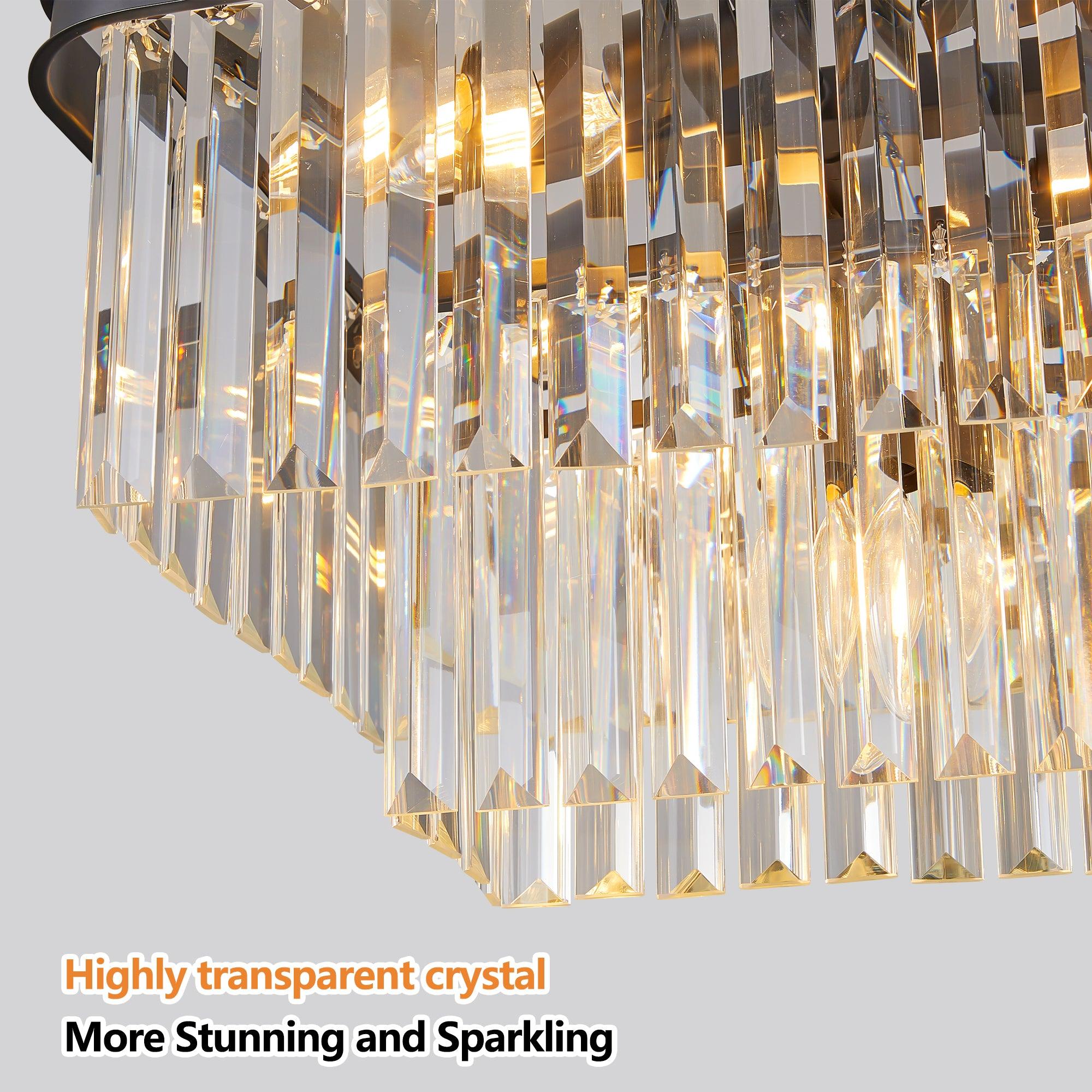 Modern Rectangular Crystal Chandelier - Adjustable E12 Industrial Farmhouse Ceiling Light with Iron Frame for Kitchen, Living Room & Bedroom | Black Finish (Bulbs Not Included) | Perfect for Dining Areas, Entryways and Home Decor
