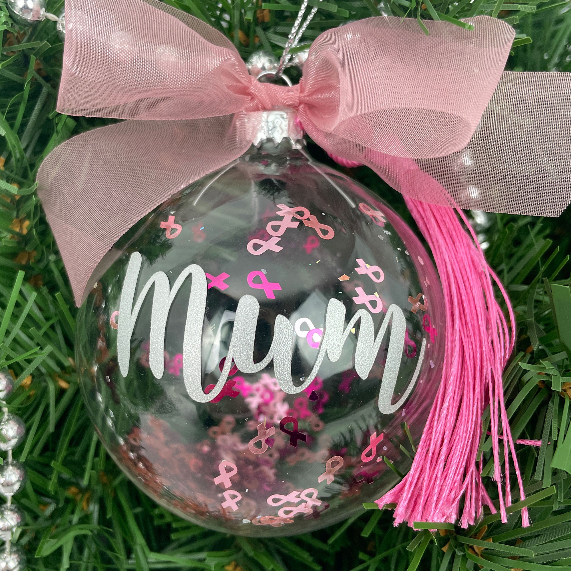 Personalized Pink Ribbon Breast Cancer Awareness Christmas Ornament - Support Survivors & Show Solidarity - Perfect for Tree Decor, Fundraising Events & Gifts