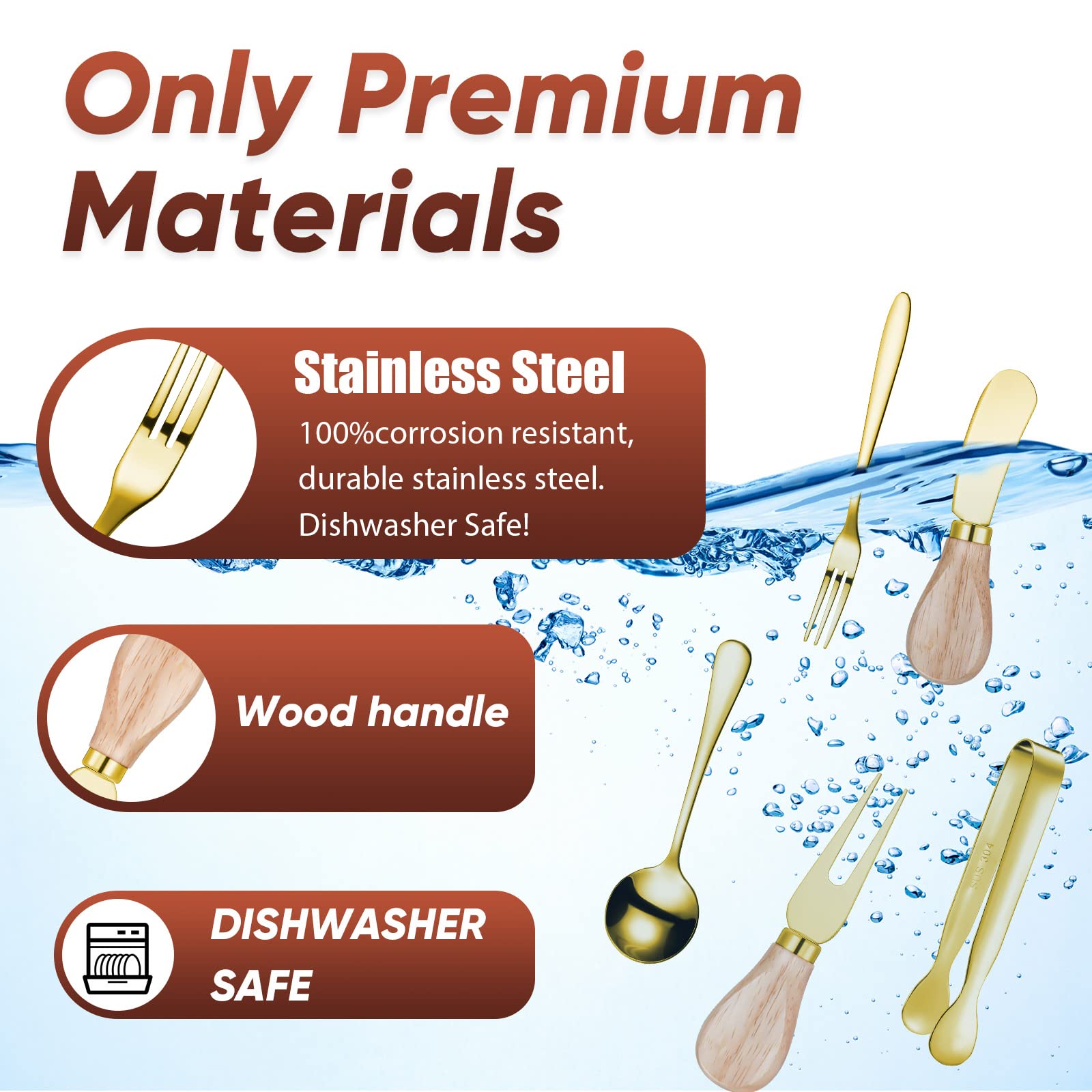 Premium Charcuterie Board Accessories Set - 18-Piece Cheese & Butter Knives with Wooden Handles - Mini Serving Tongs, Spoons & Forks for Entertaining - Perfect for Parties, Weddings & Christmas (Gold) - Elegant Cheese Platter Utensils for Charcuterie Boards & Holiday Gatherings
