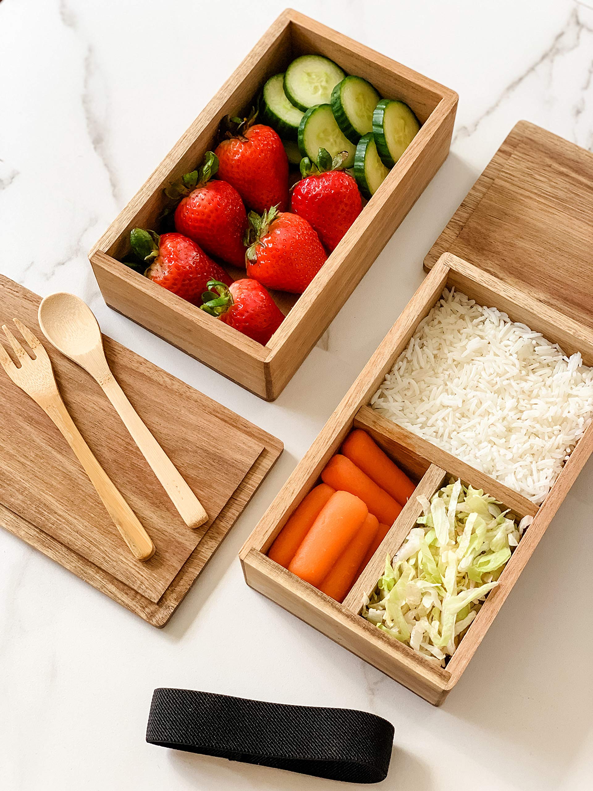 Japanese Style Natural Wooden Lunch Box - 100% Handmade Portable Bento Box with Fork & Spoon | Eco-Friendly Food Container for Office, School, Picnic, Hiking & Camping | Perfect for Meal Prep & Outdoor Dining