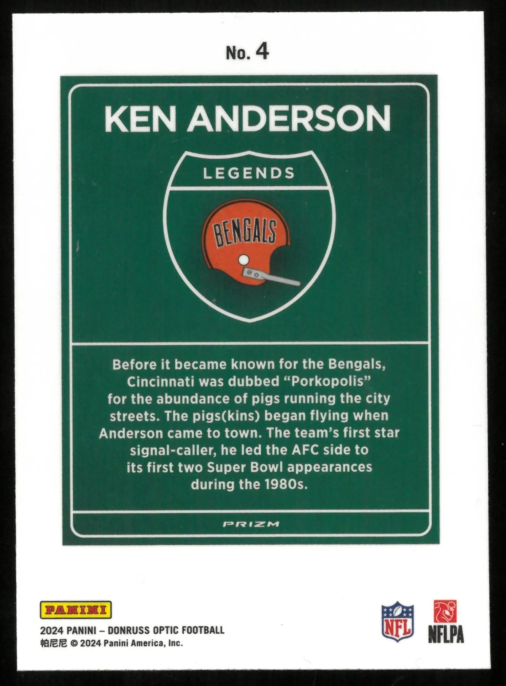 2024 Panini Donruss Optic Football Ken Anderson Legend Downtown Trading Card - Rare Collectible for NFL Fans & Sports Memorabilia Enthusiasts - Perfect for Display, Trading, and Investment