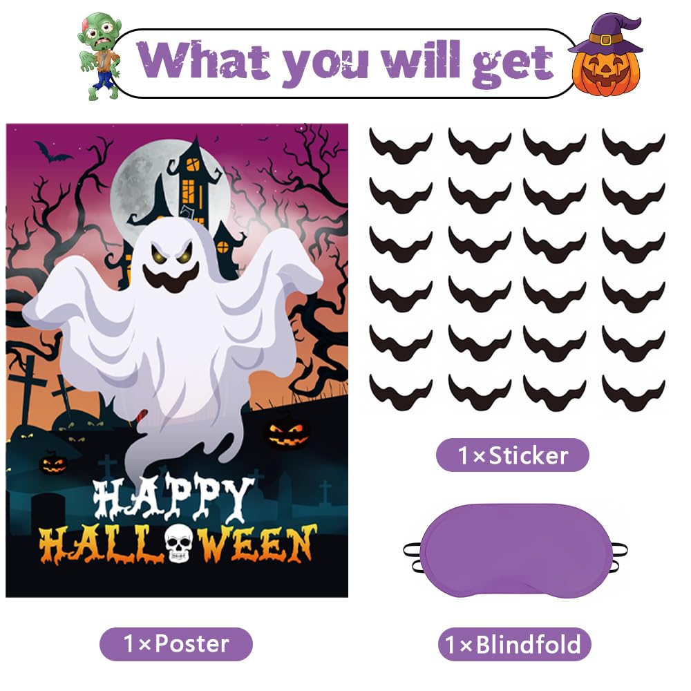 Halloween Party Games Decorations for Kids - Pin The Tail Game Set with Spider Web & Ghost House Props - Outdoor Halloween Activities for Family & Friends (Spooky Ghost Theme) - Perfect for Trick-or-Treat Events, Haunted House Parties & Classroom Celebrations