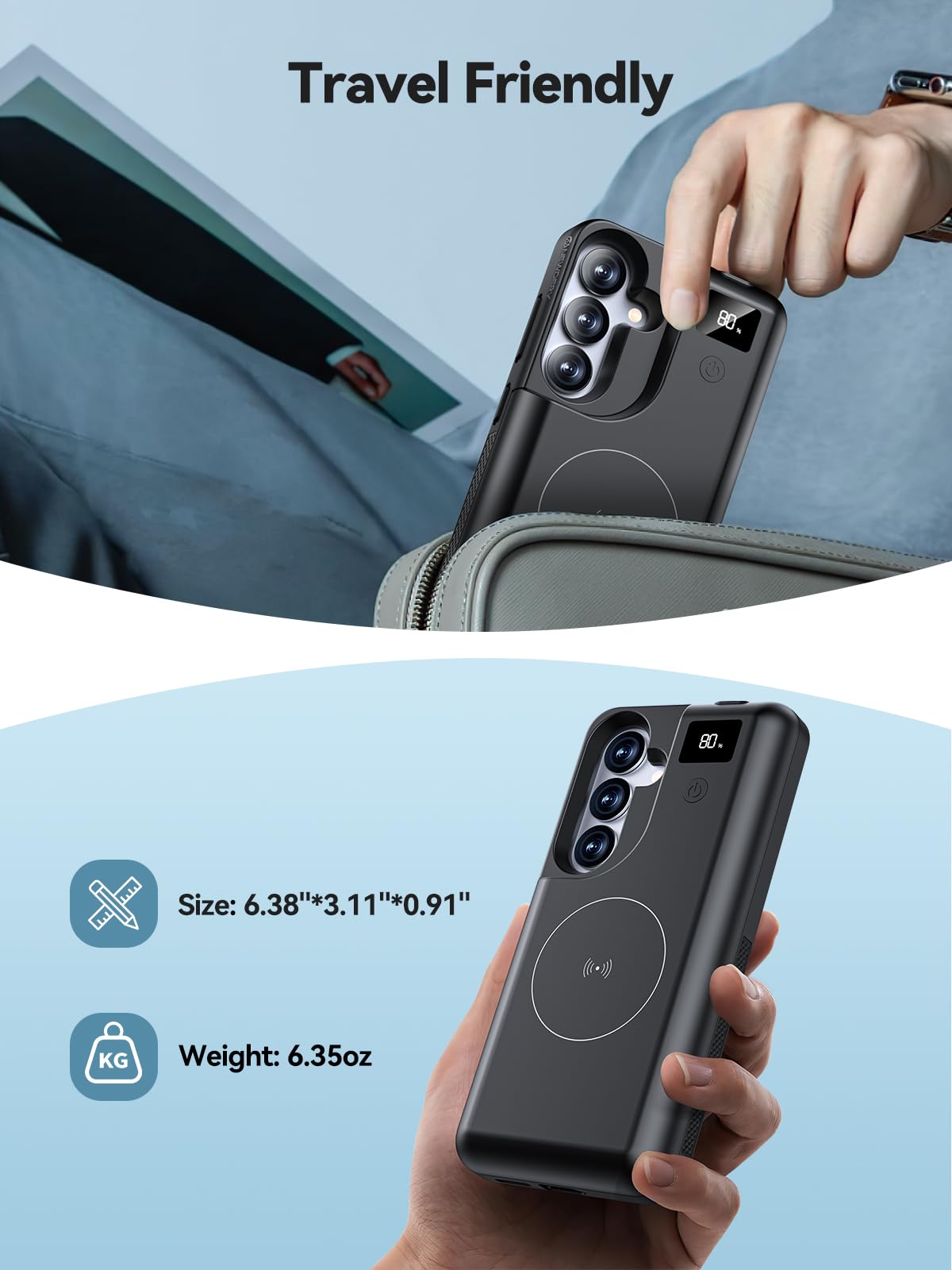 NEWDERY 10000mAh Battery Case for Samsung Galaxy S25 Plus (6.7 Inch) - Portable Charger with LED Display, Qi Wireless Charging & 20W USB-C Fast Charging | Sync Data Support | Perfect for Travel, Work & Outdoor Activities (Black)
