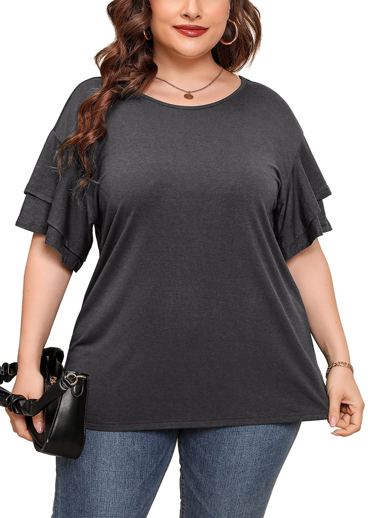 **AusLook Plus Size Tunic for Women - Double Ruffle Short Sleeve Loose Fit Flowy Shirt, Summer Casual Top for Work, Beach & Everyday Wear**