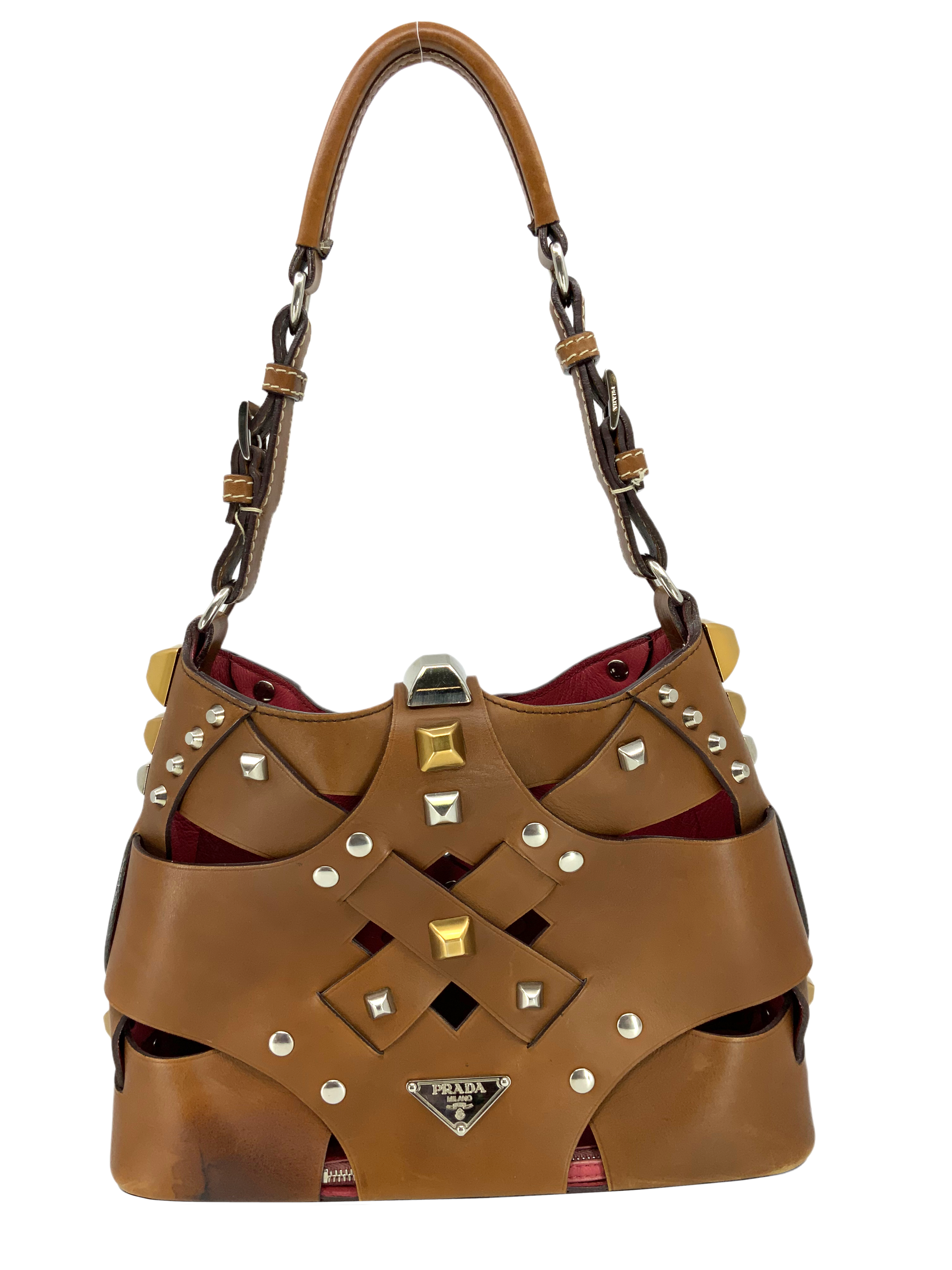 Prada Leather Woven Studded Lattice Shoulder Bag for Women | Luxury Designer Crossbody Purse | Perfect for Work, Party & Evening Events