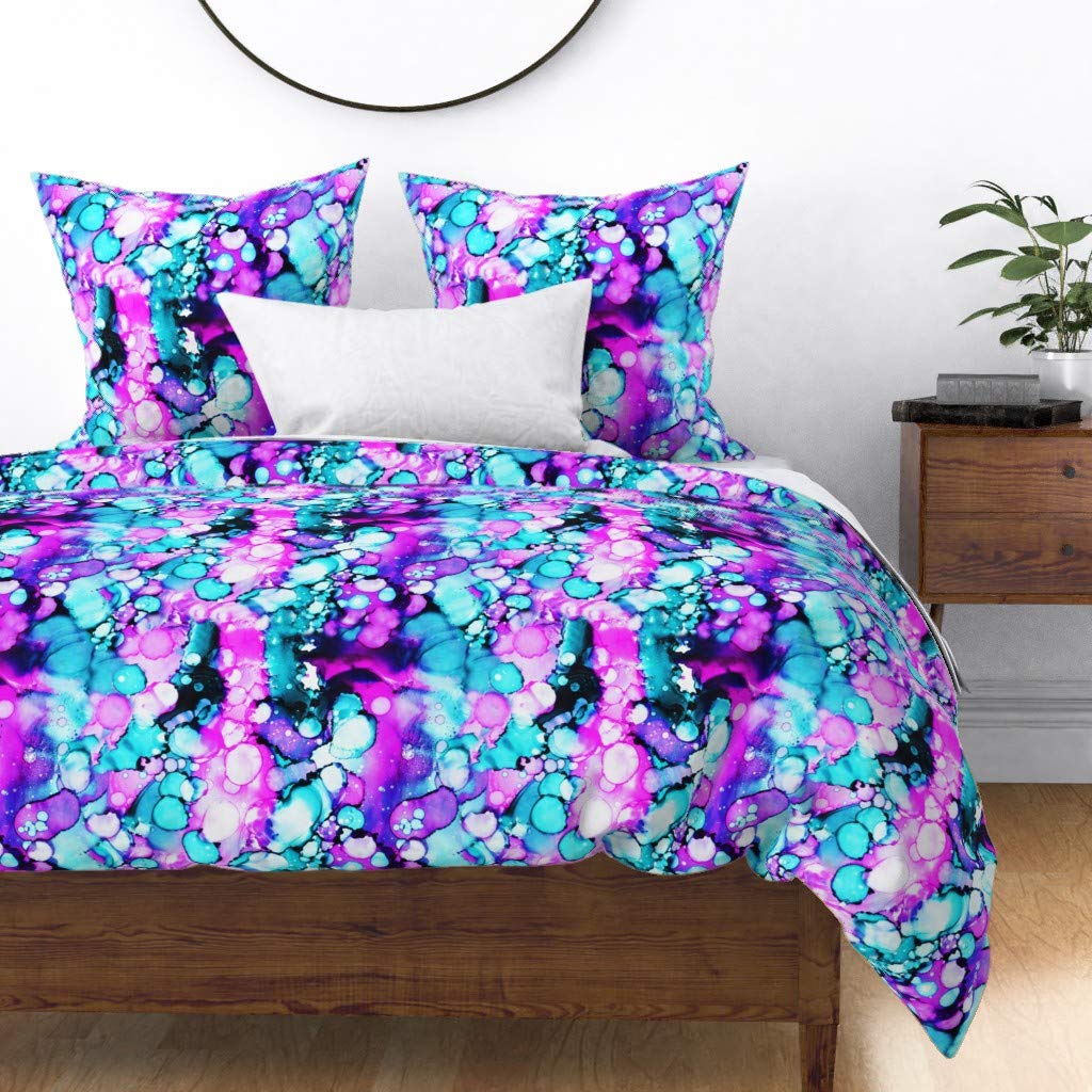 Custom Spoonflower Cotton Sateen Duvet Cover Full/Queen Size - Purple Aqua Abstract Watercolor Teal Mermaid Print | Whimsical Nursery Bedding for Baby Girl, Unicorn & Princess Theme | Perfect for Kids' Room, Guest Bedroom & Boho Home Decor