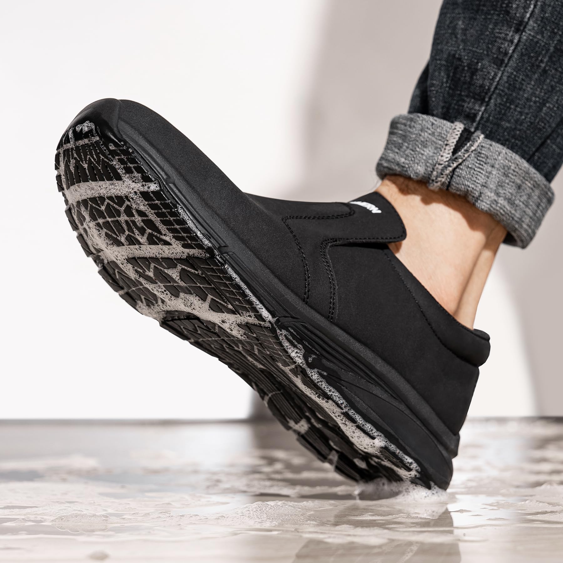 **LARN SAFETY Men's Non-Slip Work Shoes - Waterproof Slip-Resistant Kitchen Chef Shoes for Restaurant, Hospital & Food Service - Comfortable Slip-On Black Work Footwear for Professionals**