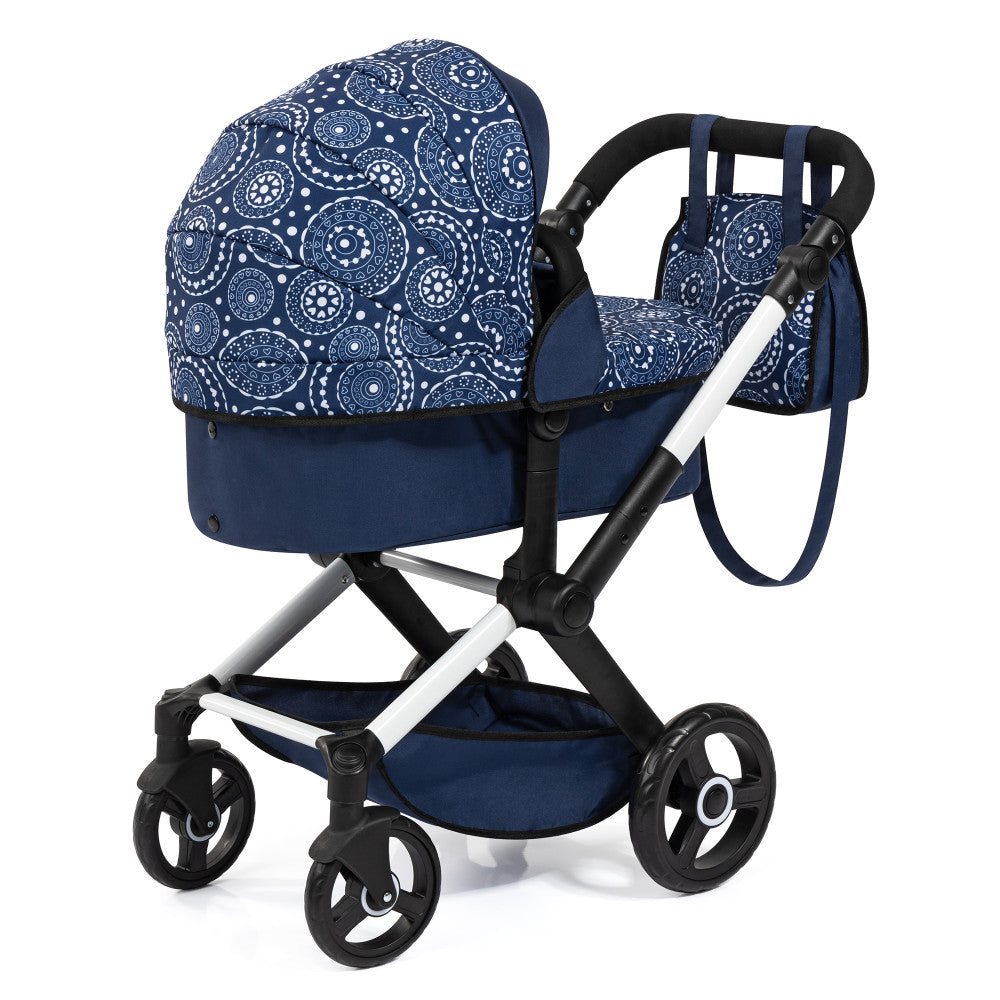 Bayer Design Xeo Pram Doll Stroller - Blue & White Circle Pattern for 18