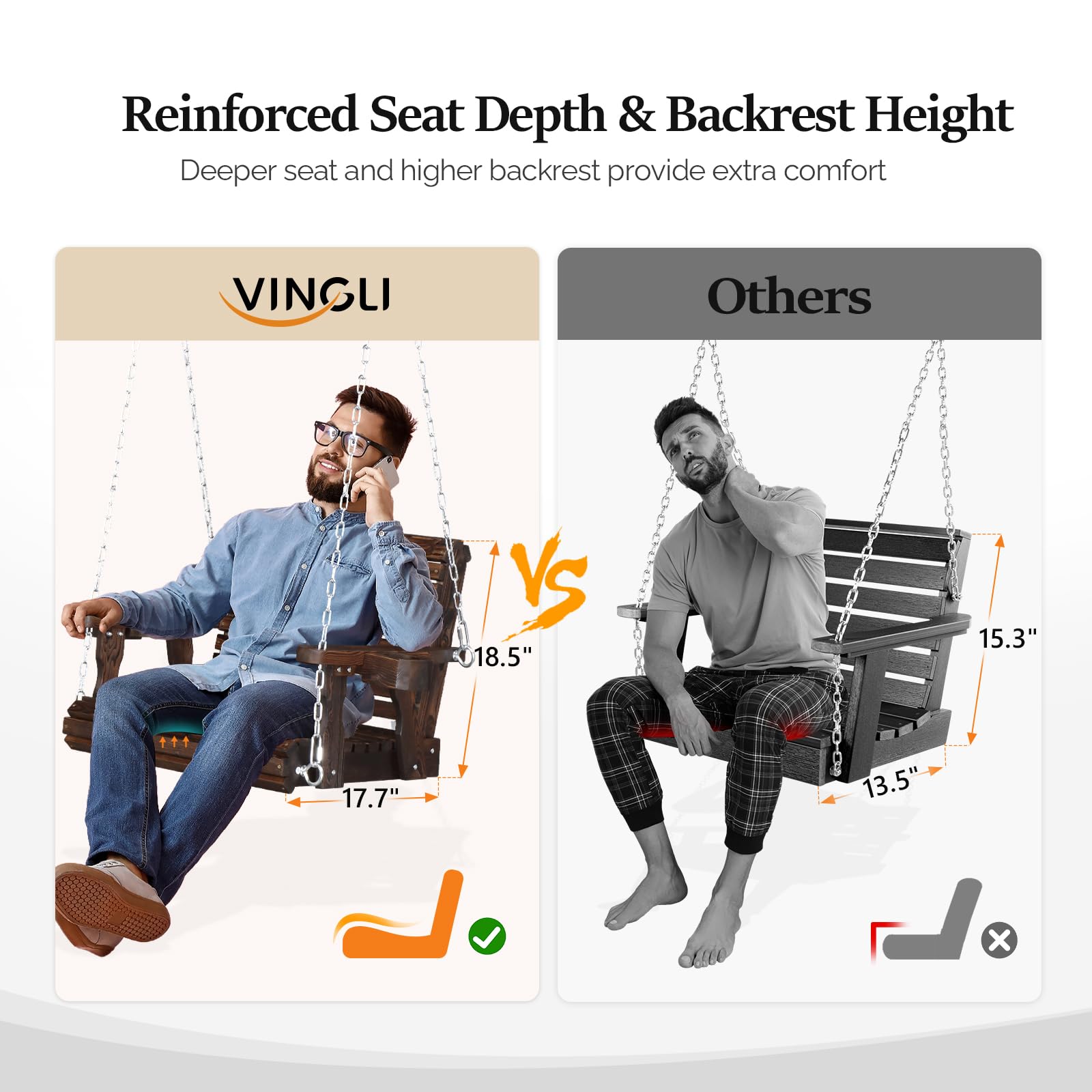 VINGLI Heavy Duty 440 LBS Capacity Wooden Porch Swing - Single Person Outdoor Swing with Deep Seat, High Backrest & Cup Holder - Rustic Patio Swing for Adults & Kids - Perfect for Porch, Yard, Balcony, Garden & Tree Hanging (Great for Relaxing, Reading & Outdoor Lounging)