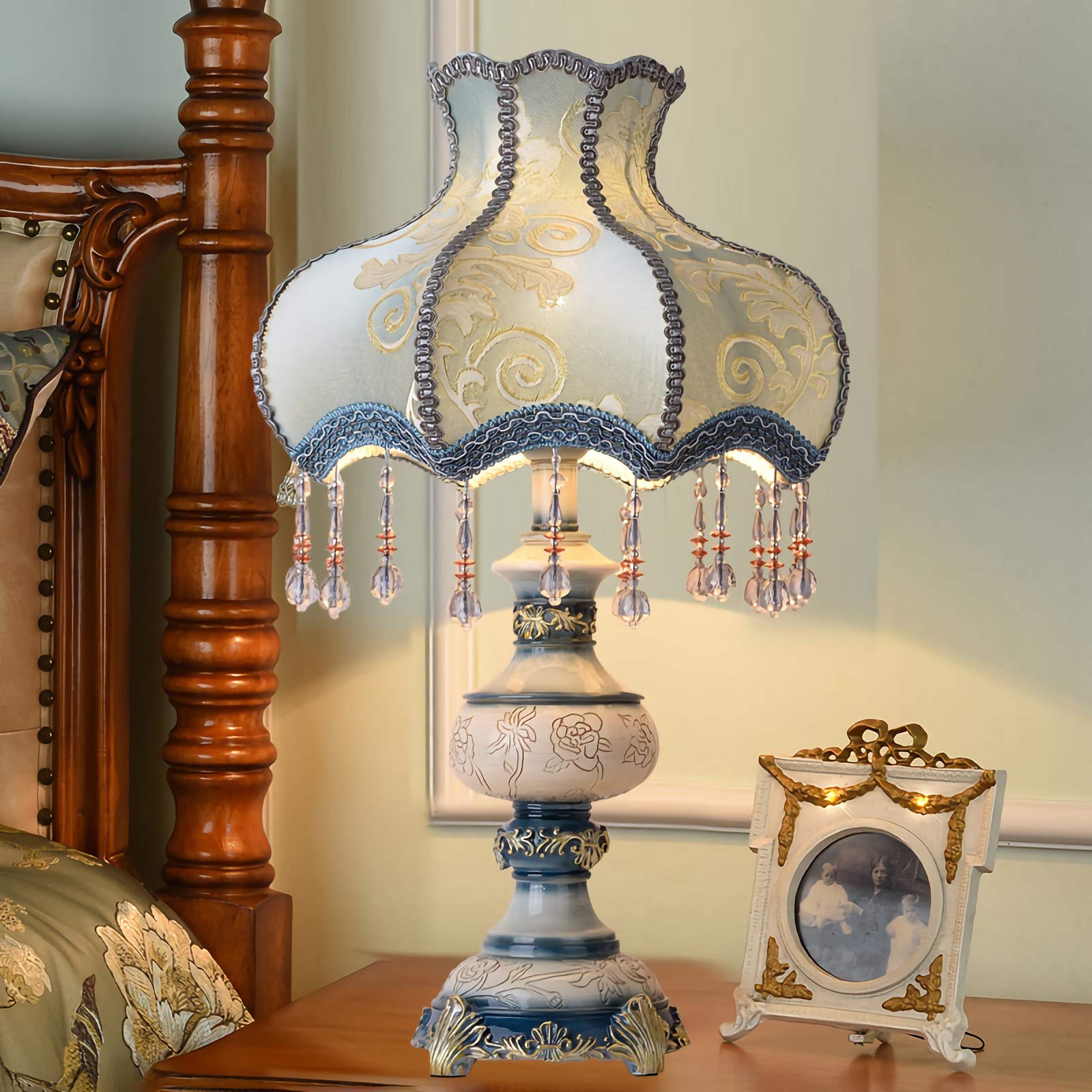 Victorian Style Table Lamp with Fabric Shade - European Inspired E27 Desk Lamp for Living Room & Office, Retro Eye-Caring Resin Bedside Lighting | Perfect for Reading Nooks, Home Decor & Workspace Ambiance