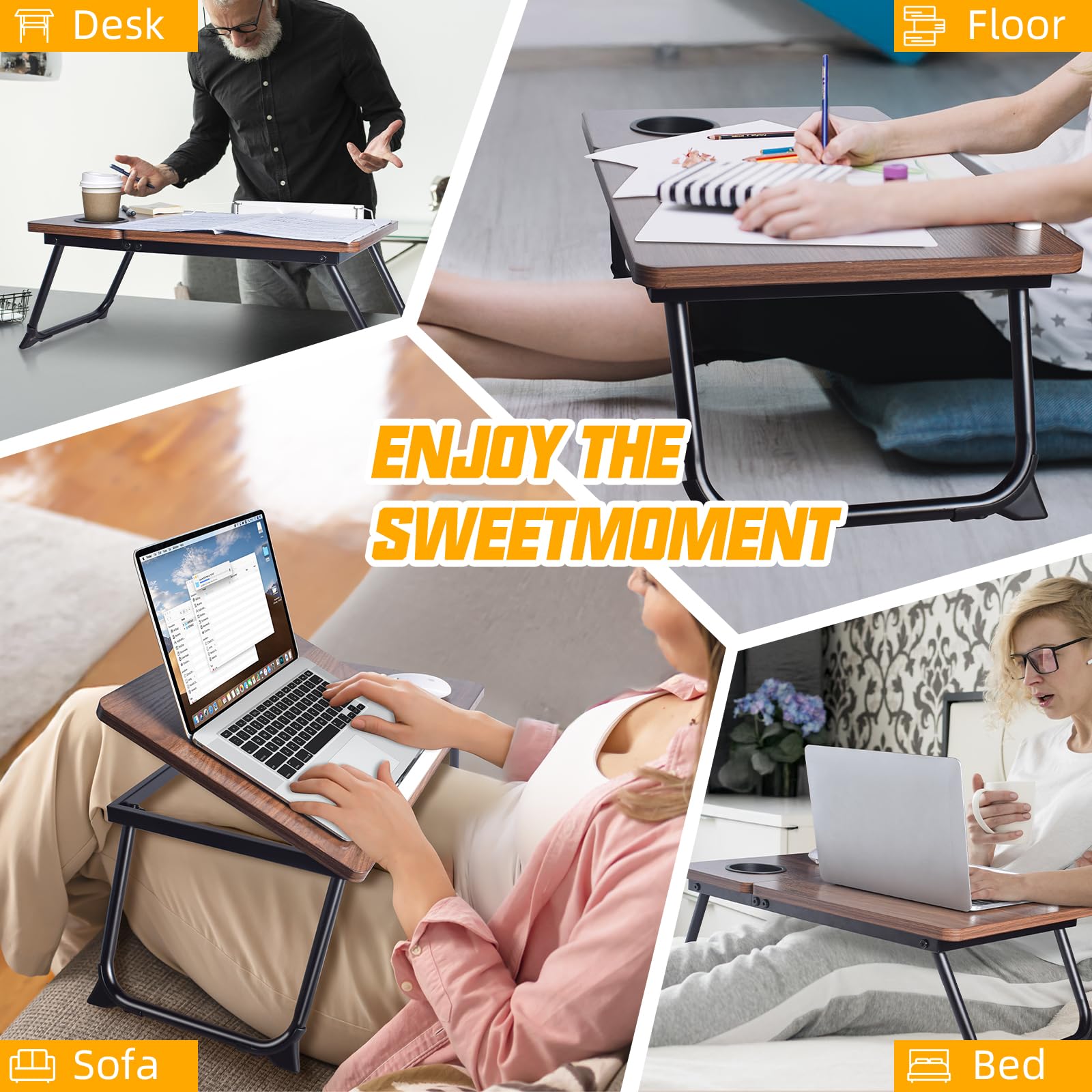 Adjustable Wooden Lap Desk for Bed & Sofa - Portable Laptop Tray with Built-in Cup Holder & Phone Slot - Perfect for Working, Reading, or Snacking in Bed, Couch, or Floor