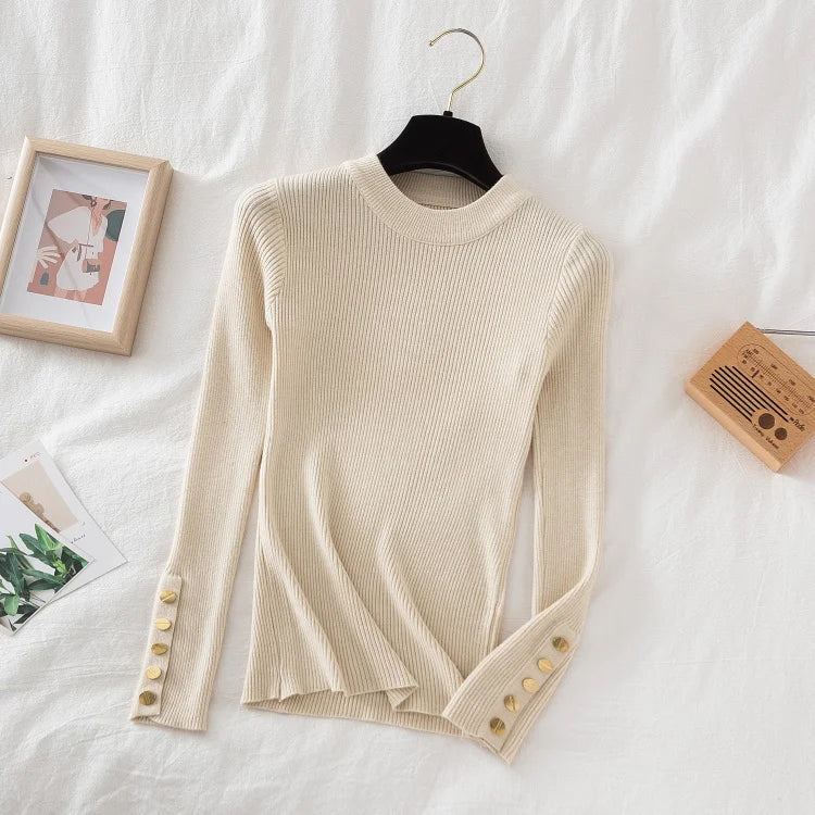 Thick Buttoned Long Sleeve O-Neck Sweater for Women - Cozy Winter Pullover for Casual Outfits & Office Wear
