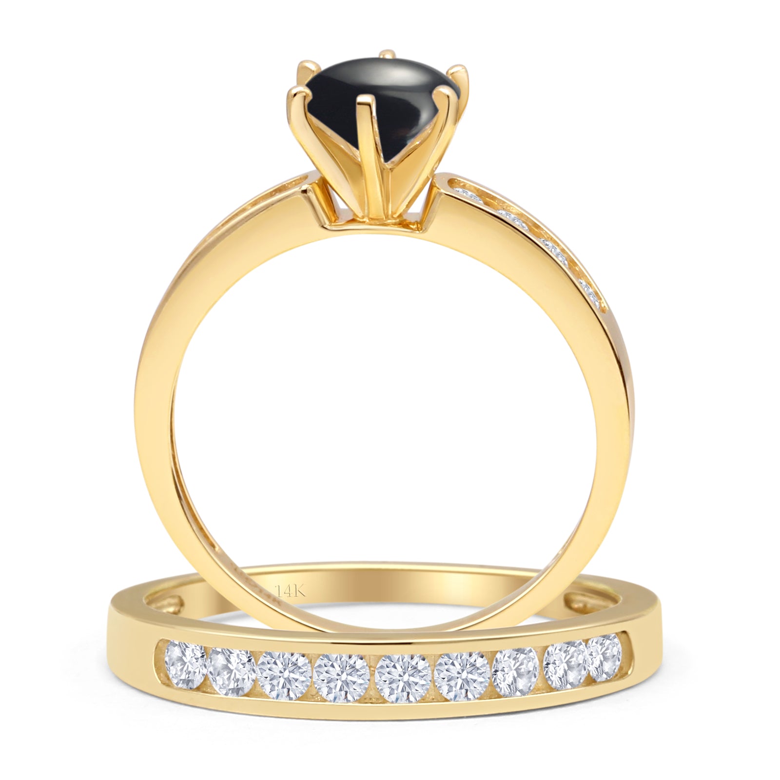 14K Yellow Gold Two Piece Half Eternity Band Ring with Round Natural Black Onyx - Elegant Cathedral Setting for Weddings, Anniversaries & Special Occasions