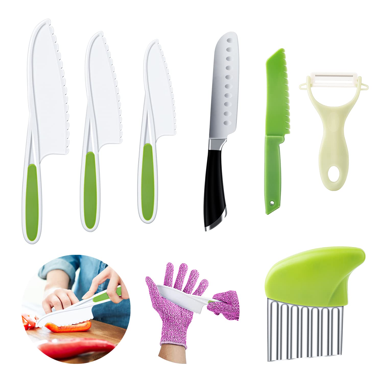 9-Piece Kids Kitchen Knife Set - Safe Plastic & Stainless Steel Toddler Knives with Serrated Edges, Crinkle Cutter, Y Peeler & Work Gloves - Perfect for Little Chefs Cooking Practice & Montessori Learning Activities