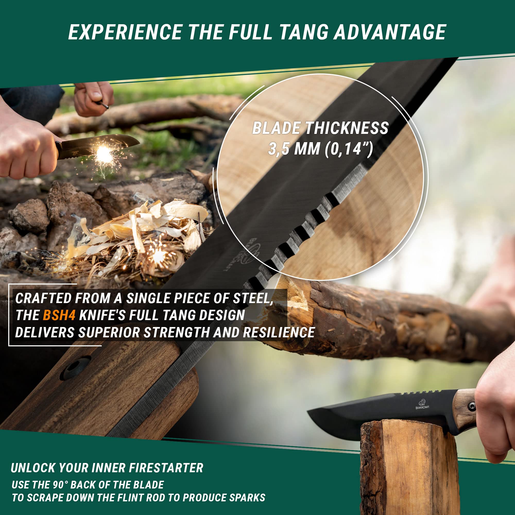 BeaverCraft Bushcraft Knife - Full Tang Fixed Blade Camping & Survival Knife with Sheath - High Carbon Steel for Outdoor Adventures, Hiking, Hunting & Bushcraft Gear - BSH4 Dusk Model