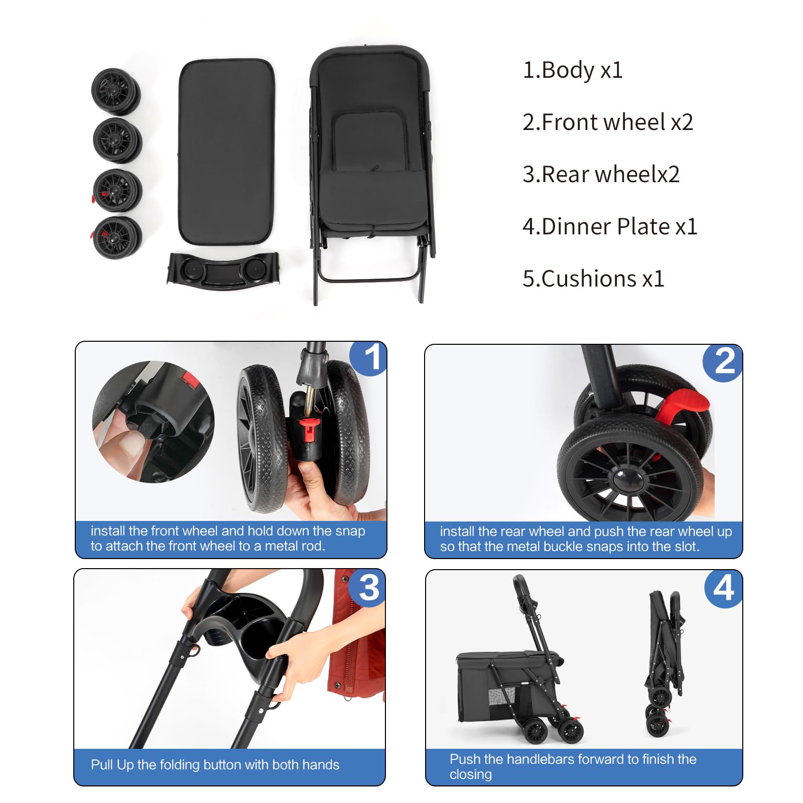 Folding Pet Stroller for Cats & Dogs - Black Travel Carrier for Outdoors