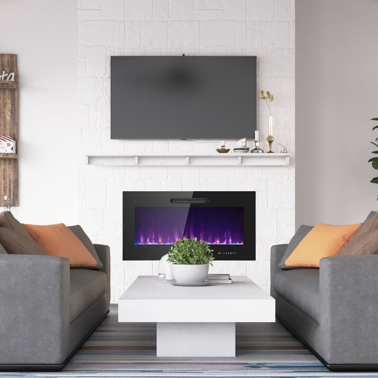 36 Inch LED Slim Electric Fireplace Insert - Wall Mounted Fireplace with 1500W Heater, Adjustable Realistic Flame, Remote Control (Log & Crystal Ember Options) - Perfect for Living Room, Bedroom & Office Heating & Decor