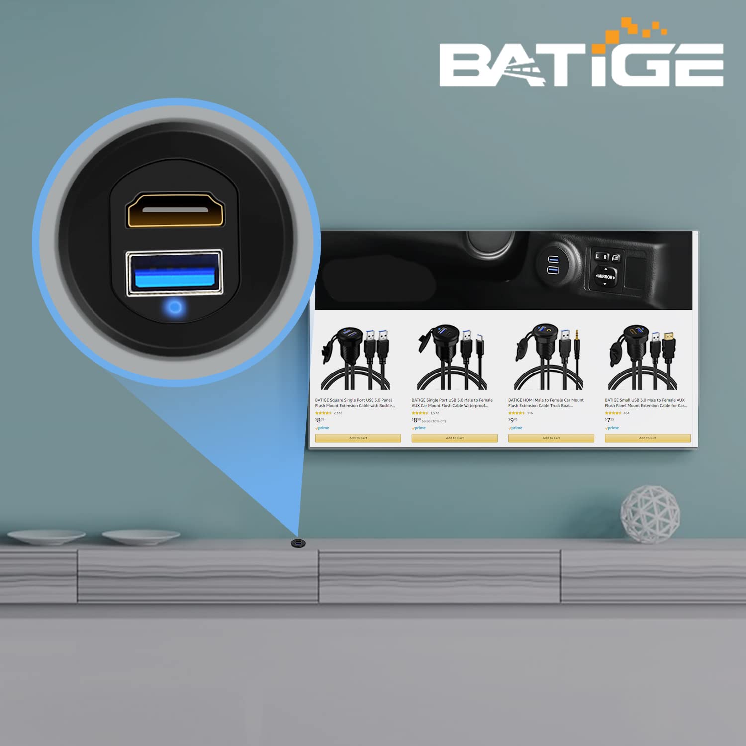 BATIGE USB 3.0 HDMI Car Mount Flush Port Cable - Alloy Shell HDMI USB 3.0 Dash Panel Extension with LED Indicator for Car, Boat, Motorcycle (3ft) - Perfect for In-Vehicle Entertainment & Navigation Systems