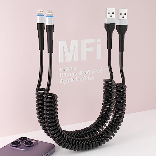 2 Pack MFi Certified Coiled iPhone Lightning Cable - Fast Charging & Data Sync, Short USB to Lightning Charger Cord for Apple CarPlay (LED Indicator) - Perfect for Car, Home & Office Use