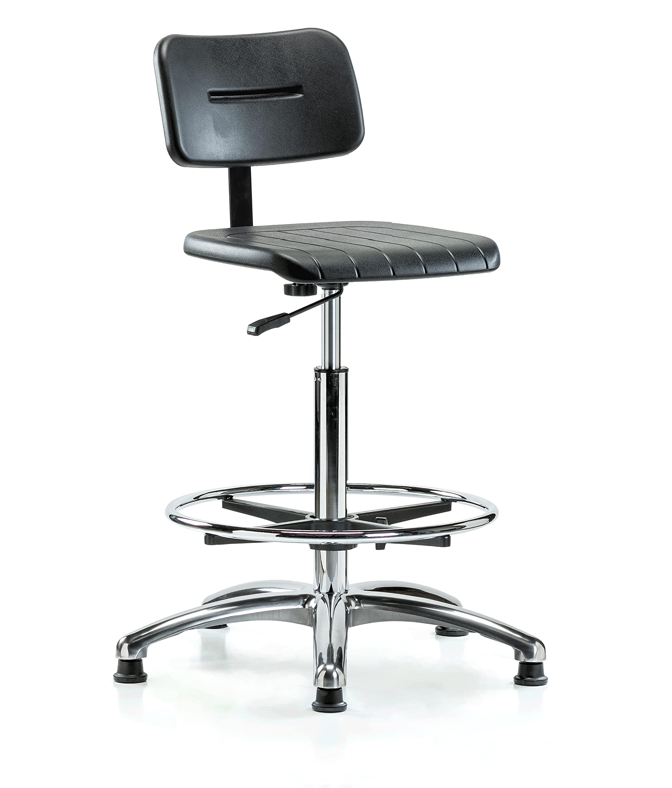 Ergonomic Chrome Industrial Work Chair with Adjustable Footring & Stationary Caps - Counter Height Bar Stool for Workshop, Garage, or Home Office Use
