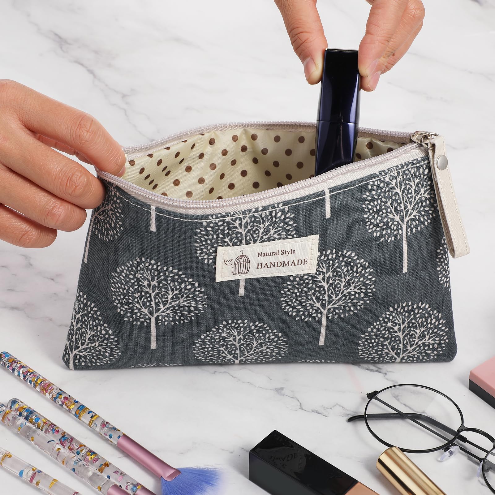 Small Canvas Cosmetic Bag - Travel Makeup Organizer & Toiletry Pouch with Zipper - Multi-Functional Storage for Lipstick, Brushes, Beauty Tools (8.6x5.5 Inch, Wishing Tree Design) - Perfect for Travel, Gym, Daily Essentials & Gift Giving
