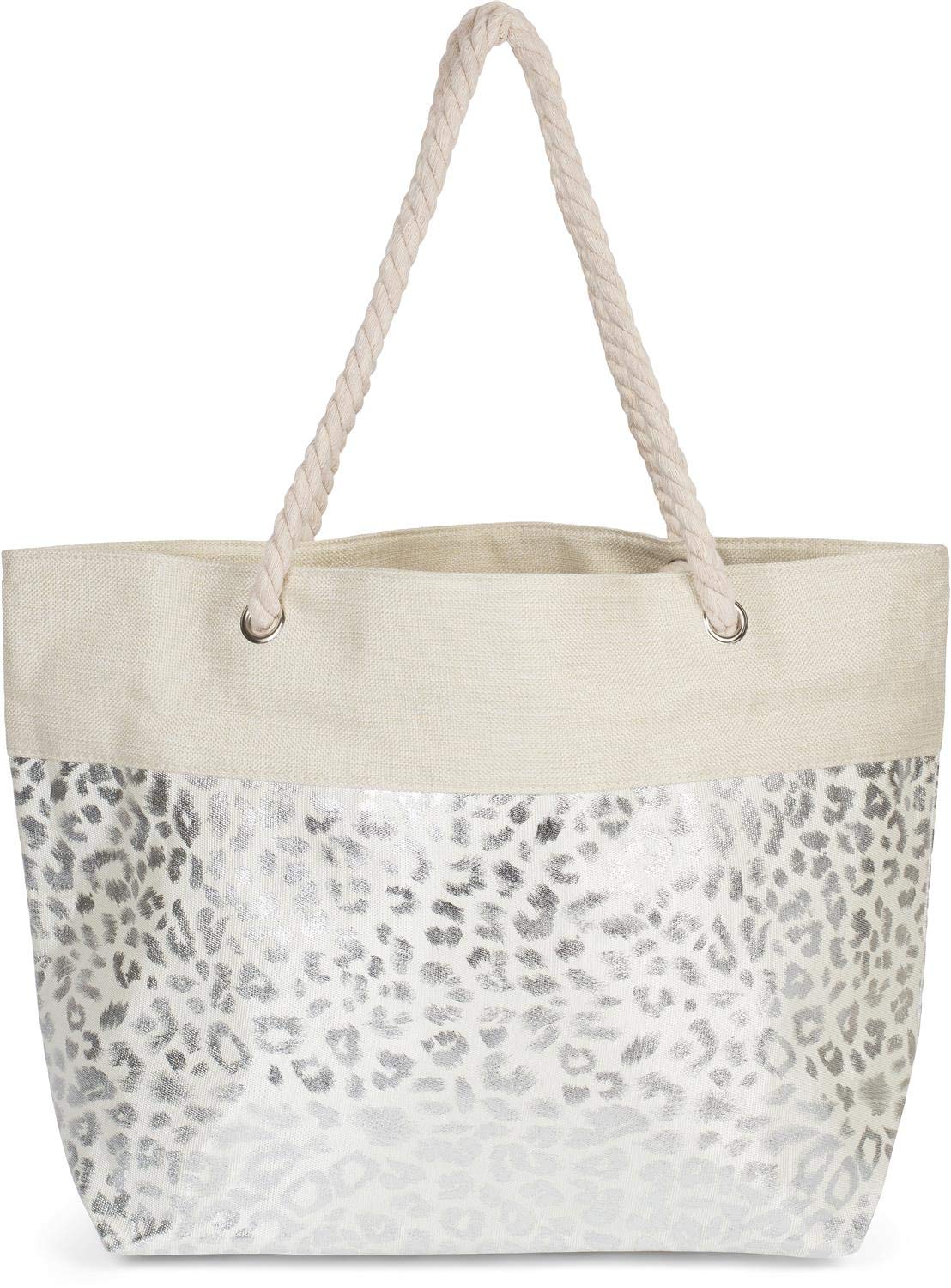styleBREAKER Women's XXL Beach Bag with Metallic Leopard Print & Zipper Closure - Fashionable Shoulder Tote for Shopping, Travel & Poolside Essentials