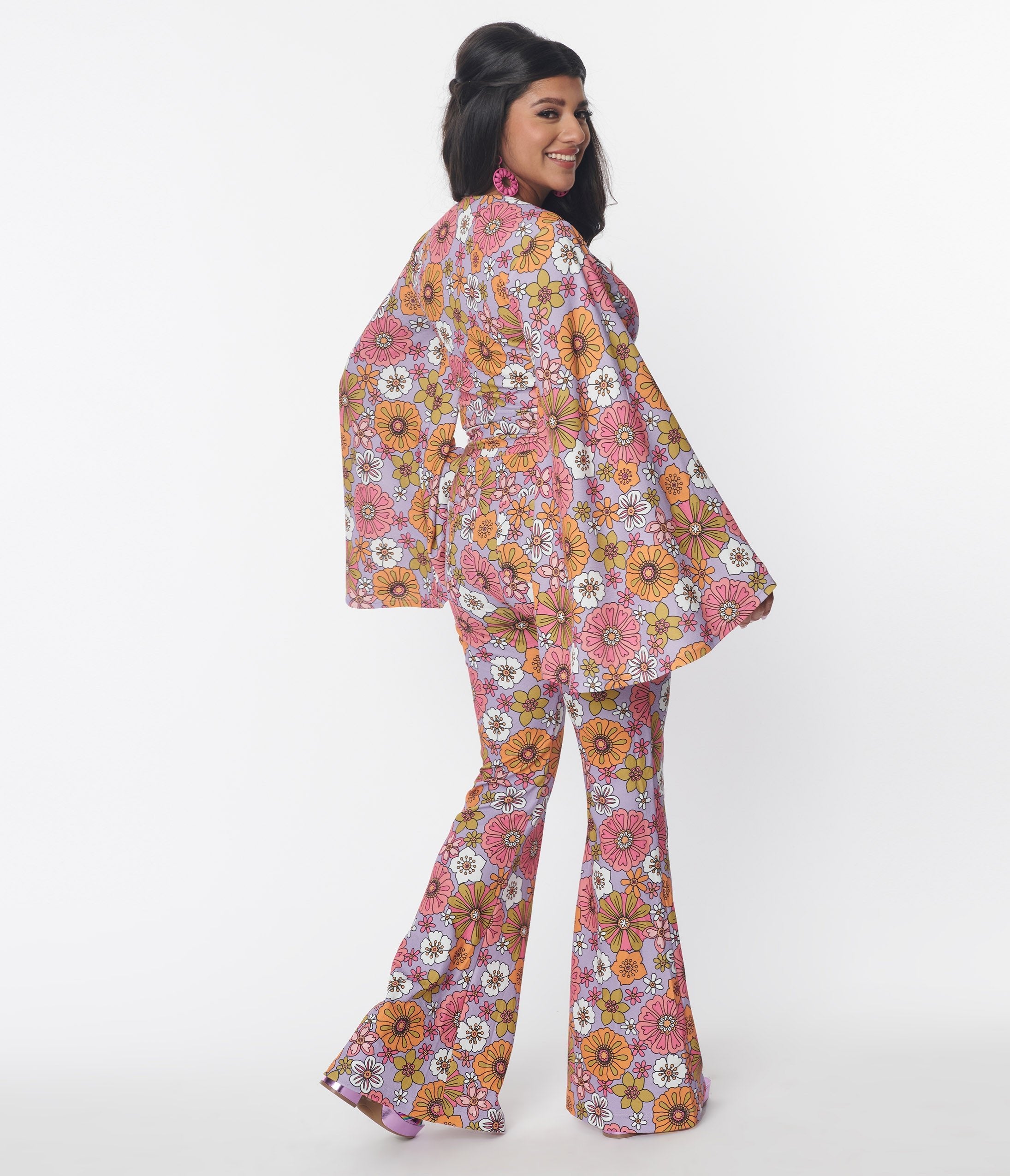 Smak Parlour Women's Lavender Retro Bloom Flare Pants with Zipper Pockets | Vintage 70s Style High Waisted Bell Bottoms for Casual Wear & Music Festivals