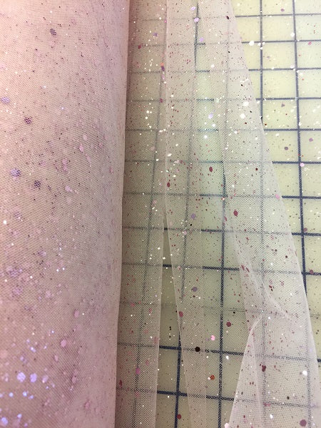 Glitter Sequined Tulle Fabric - 58/60 Inches Wide Holographic Mesh with Sparkle - Blush Pink for DIY Costumes, Party Decorations, and Craft Projects