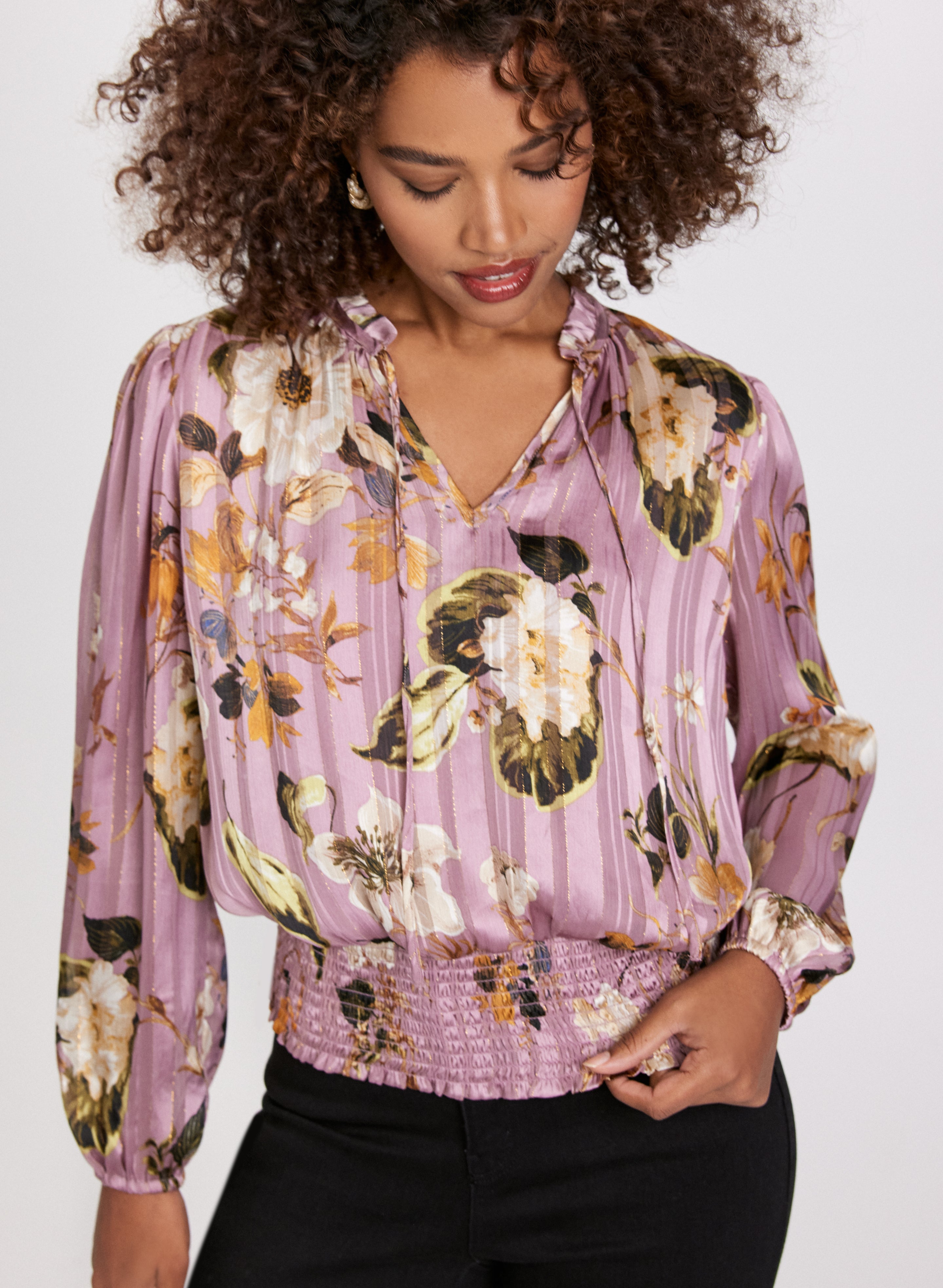 Floral Smocked Hem Blouse for Women - Elegant Ruffle Sleeve Summer Tops - Perfect for Office, Date Night & Casual Outings