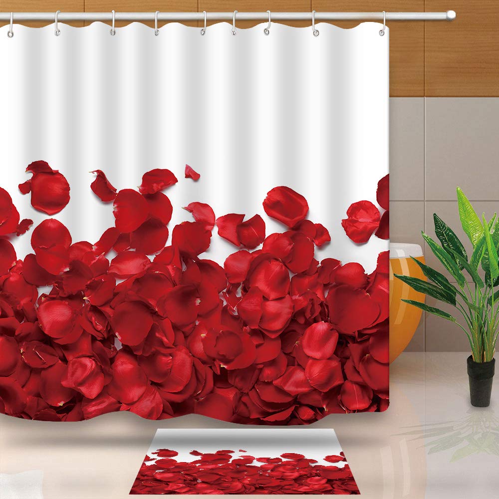 Romantic Rose Petals Waterproof Polyester Shower Curtain - 72x72 Inch White & Red Bathroom Decor for Modern, Vintage or Bohemian Style Homes