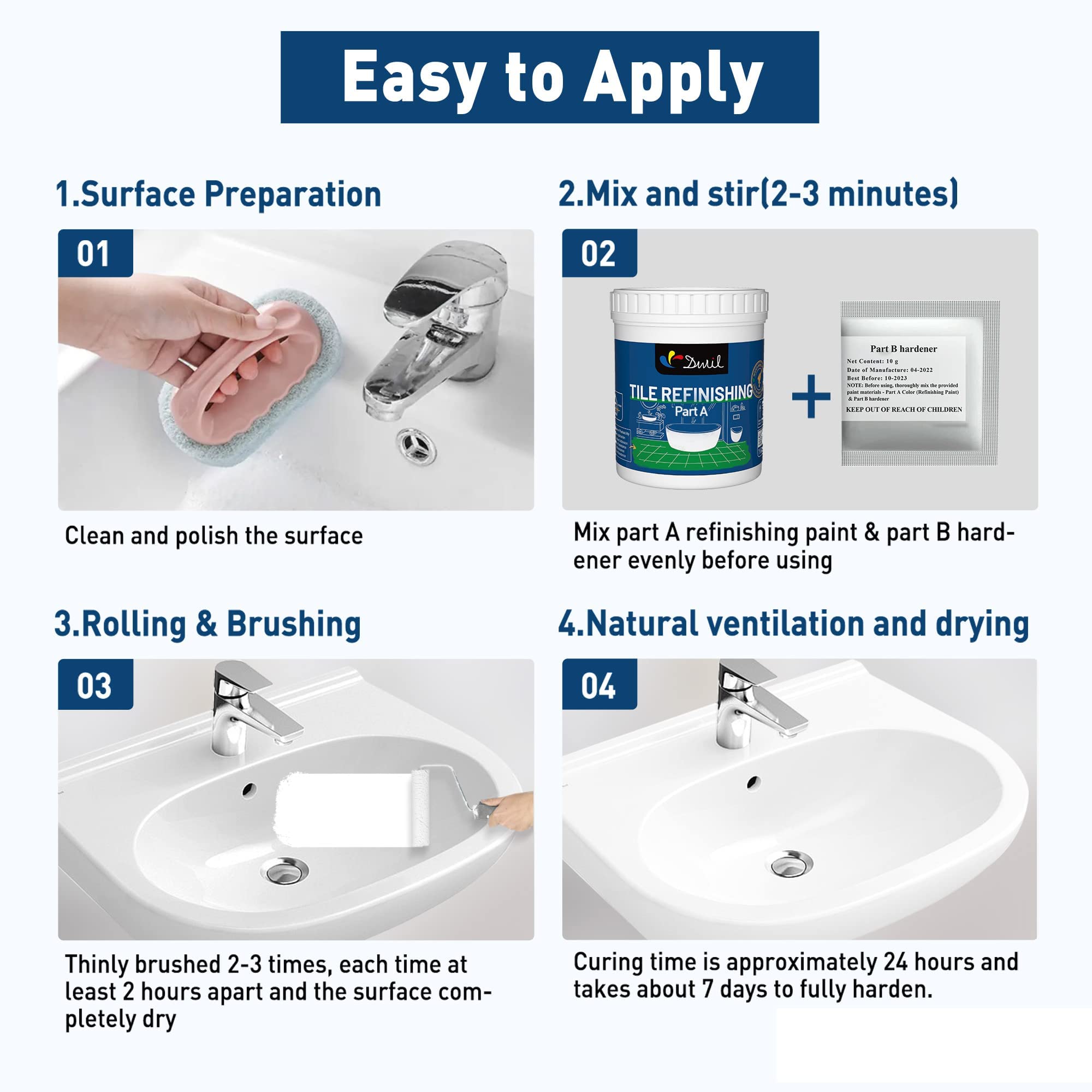 DWIL Tub & Tile Refinishing Kit - Water-Based Low Odor Bathtub Paint for Bathroom & Kitchen - Semi-Gloss White (Covers 25-30 sq.ft) - Includes Tools for Easy DIY Application - Perfect for Updating Old Tubs, Sinks, and Tiles Without Replacement