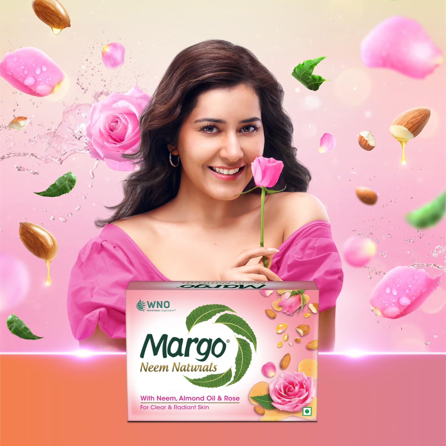 Margo Neem Naturals Soap with Almond Oil & Rose - 100% Natural Cleansing Bar for Clear, Radiant Skin - 5 Pack (100g Each) - Perfect for Daily Face & Body Wash, Acne Treatment & Sensitive Skin Care