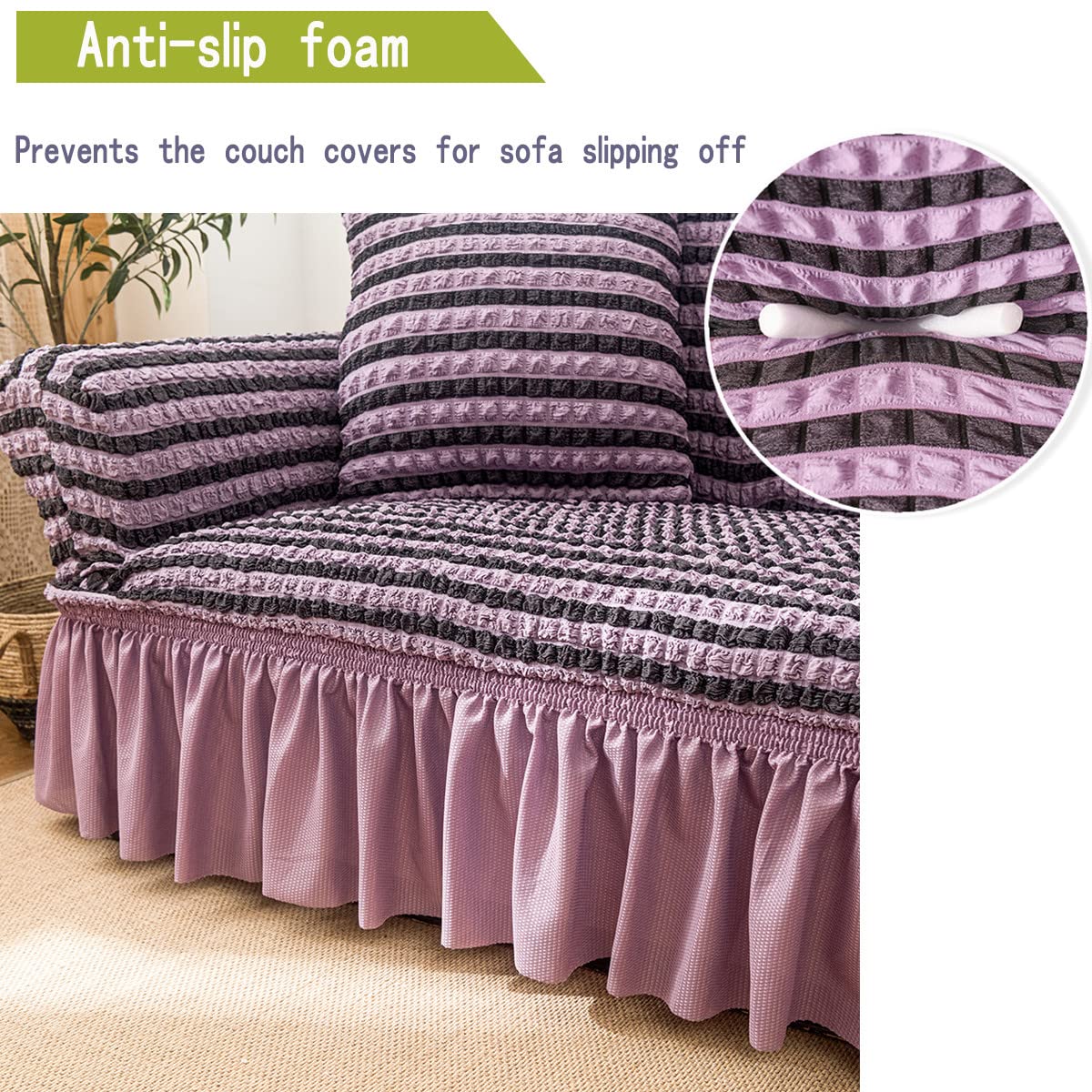 Qubjus Stretch Sofa Slipcover - Washable Furniture Protector for Couch & Sofa Bed with Elastic Bottom & Skirt (Striped Purple, Medium) - Perfect for Living Room, Family Room & Home Decor