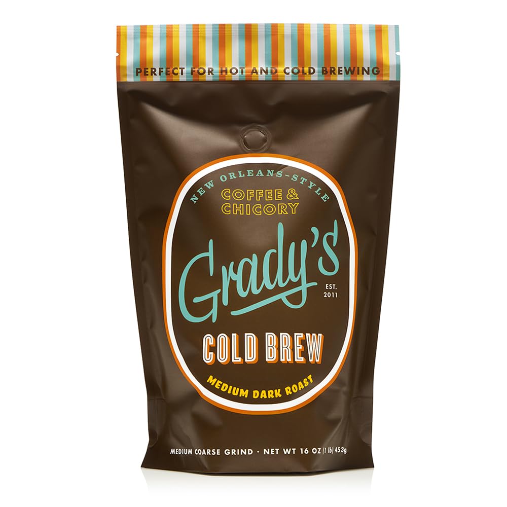 GRADY’S COLD BREW Coffee | New Orleans Style 100% Arabica Medium Dark Roast Coffee & Chicory | Ground for Hot & Iced Coffee | 1lb Bag | Perfect for Home Brewing, Office Use & Gifts