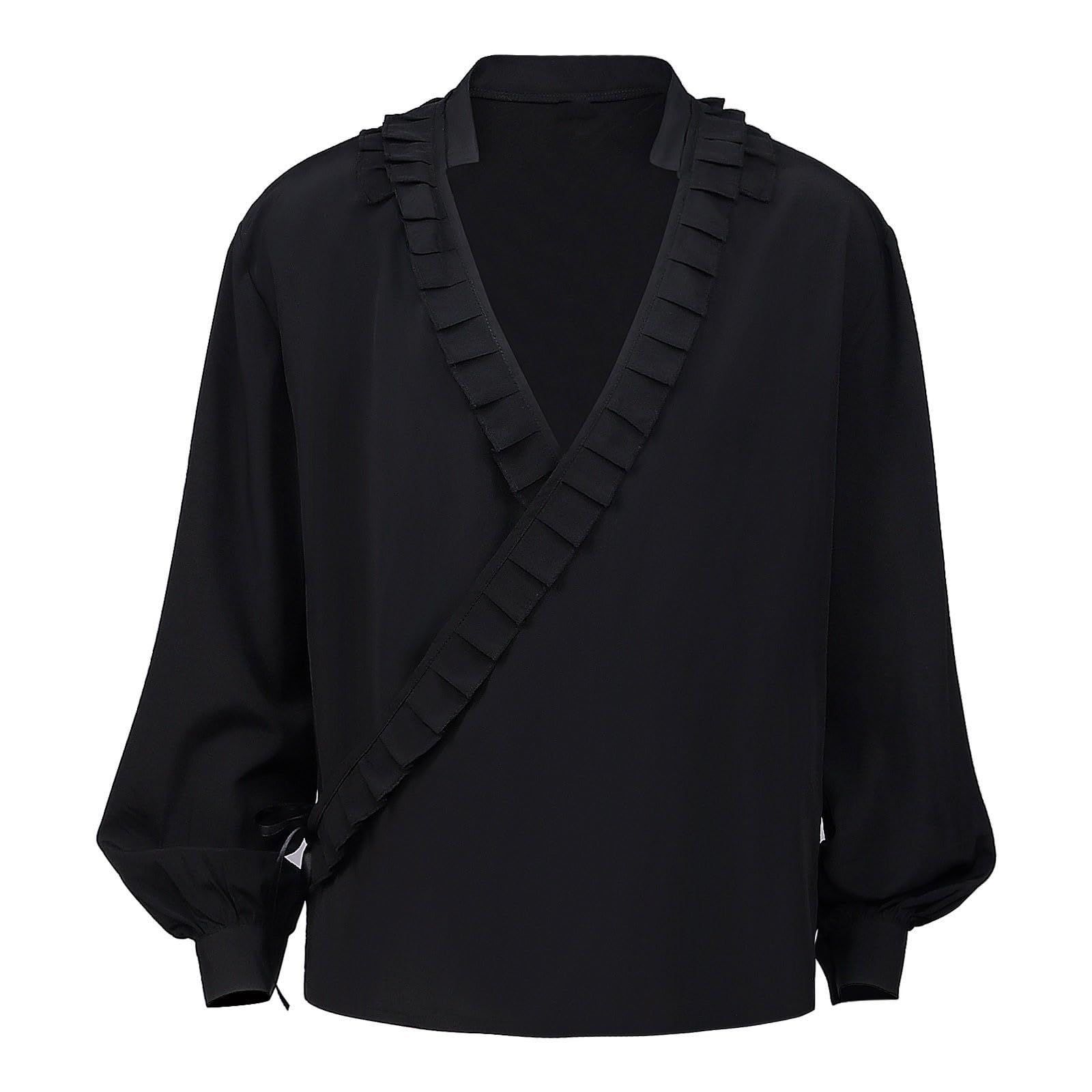 Gothic Medieval Men's T-Shirt - Vintage Elegant V-Neck Blouse with Ruffle Trim & Lantern Sleeves - Perfect for Renaissance Fairs, Cosplay, and Gothic Parties