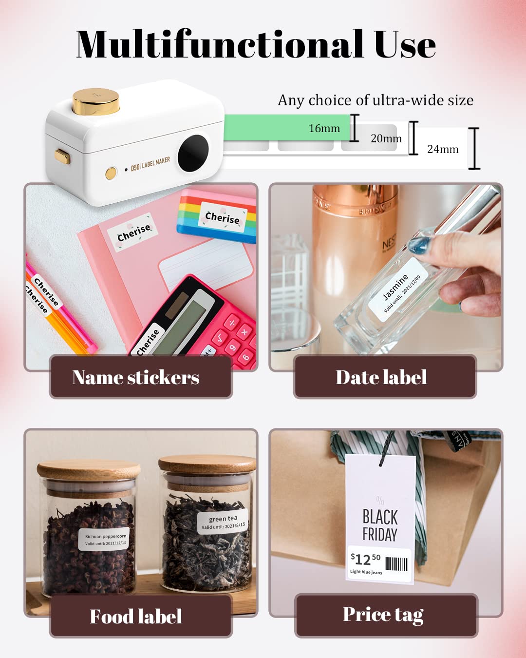 Phomemo D50 Portable Label Maker with 3 Rolls White Adhesive Labels (20mm x 40mm) - Perfect for Home, Office & Warehouse Organization