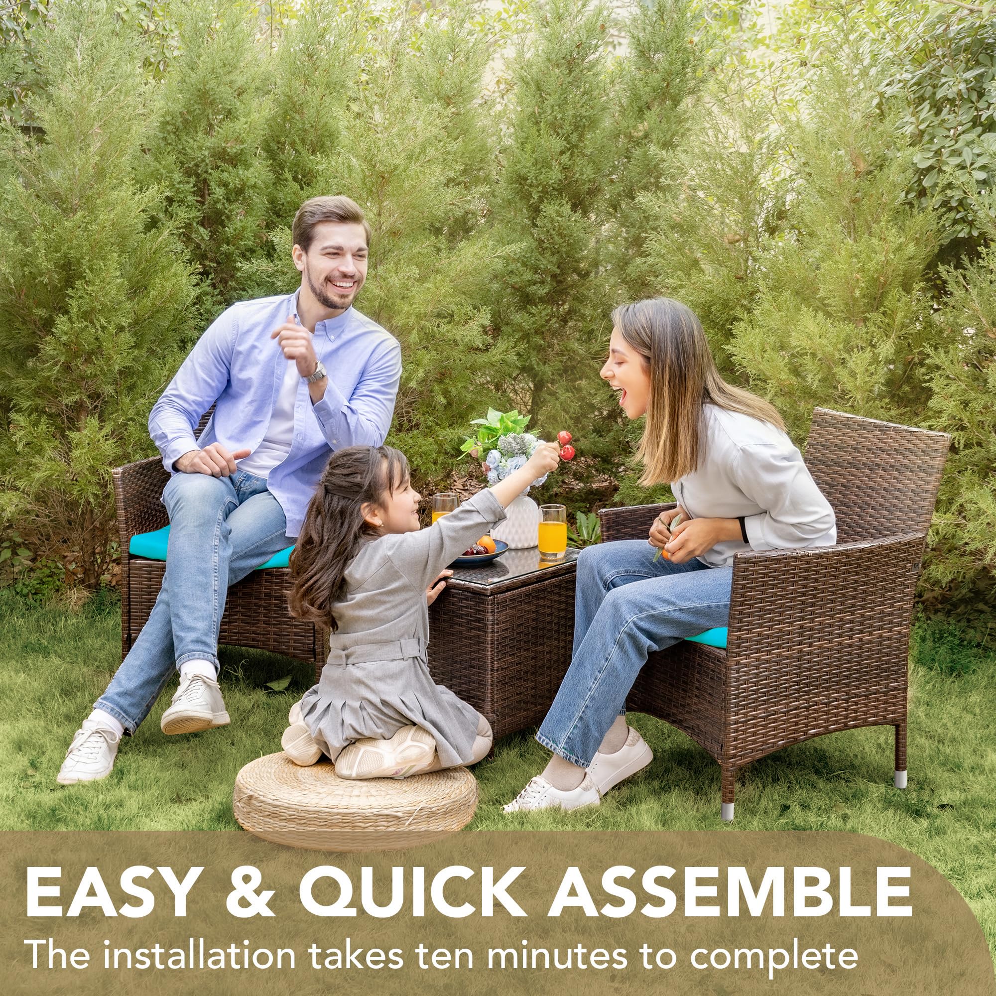 Devoko 3-Piece PE Rattan Wicker Patio Furniture Set with Table - Outdoor Garden Chairs for Porch, Backyard & Poolside (Brown/Blue) - Perfect for Relaxing, Entertaining & Sunbathing