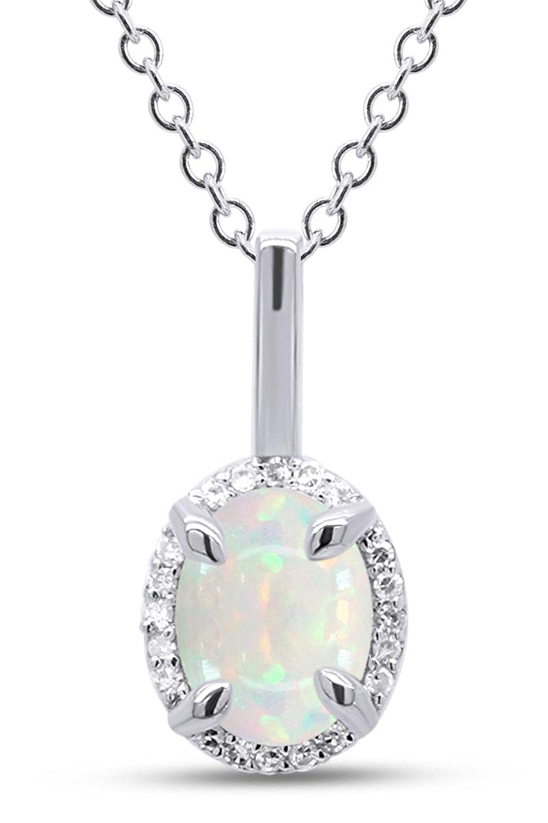 GEMVIO Oval Cut 6X8MM Natural White Opal & Diamond Halo Pendant Necklace - 10K/14K/18K Solid Gold Women's Jewelry Gift with 18