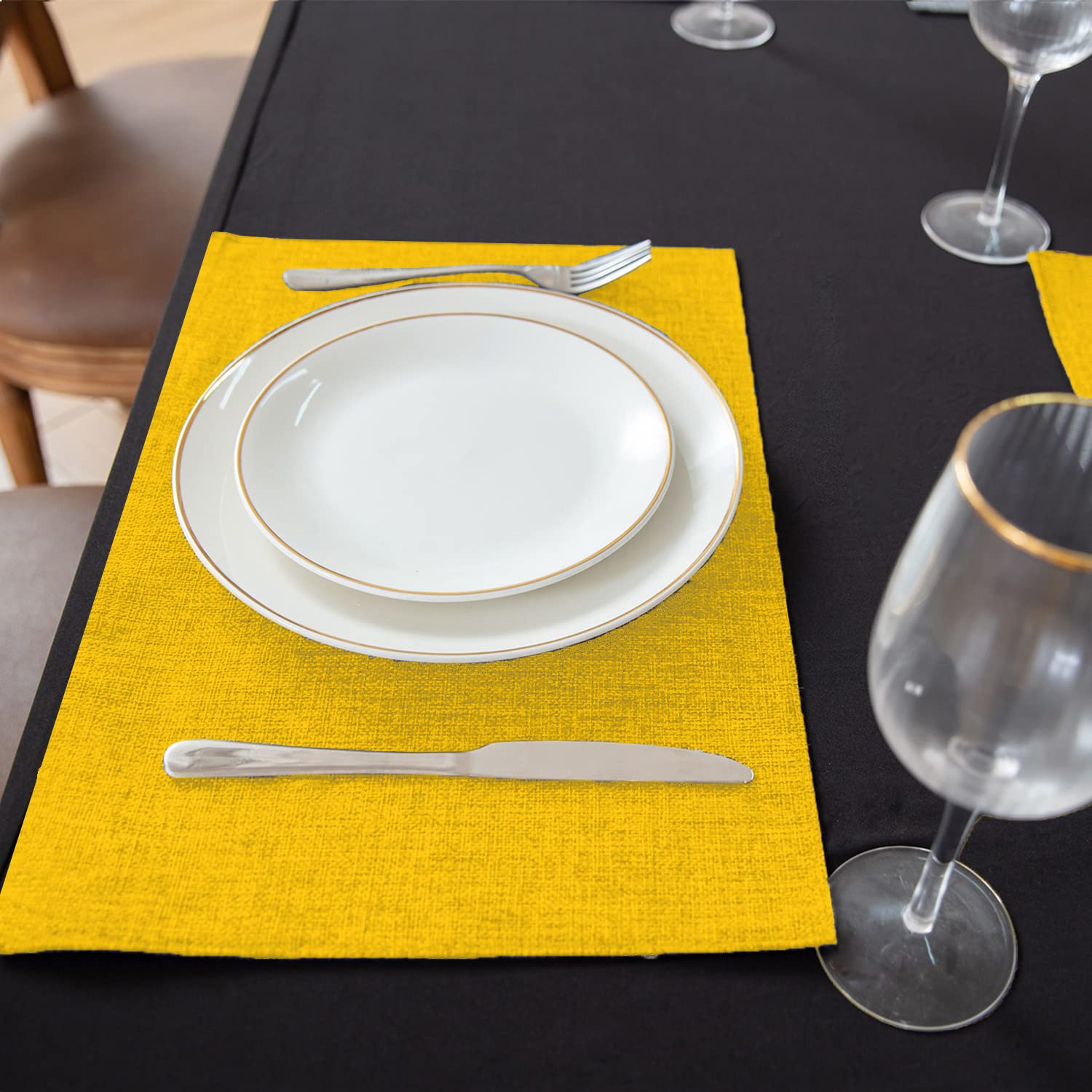 Premium 8-Piece Linen-Like Polyester Placemats Set - Machine Washable, Heat Resistant & Wrinkle-Free Thick Dining Table Mats for Kitchen & Home Decor (Yellow) - Perfect for Everyday Meals, Dinner Parties & Holiday Gatherings